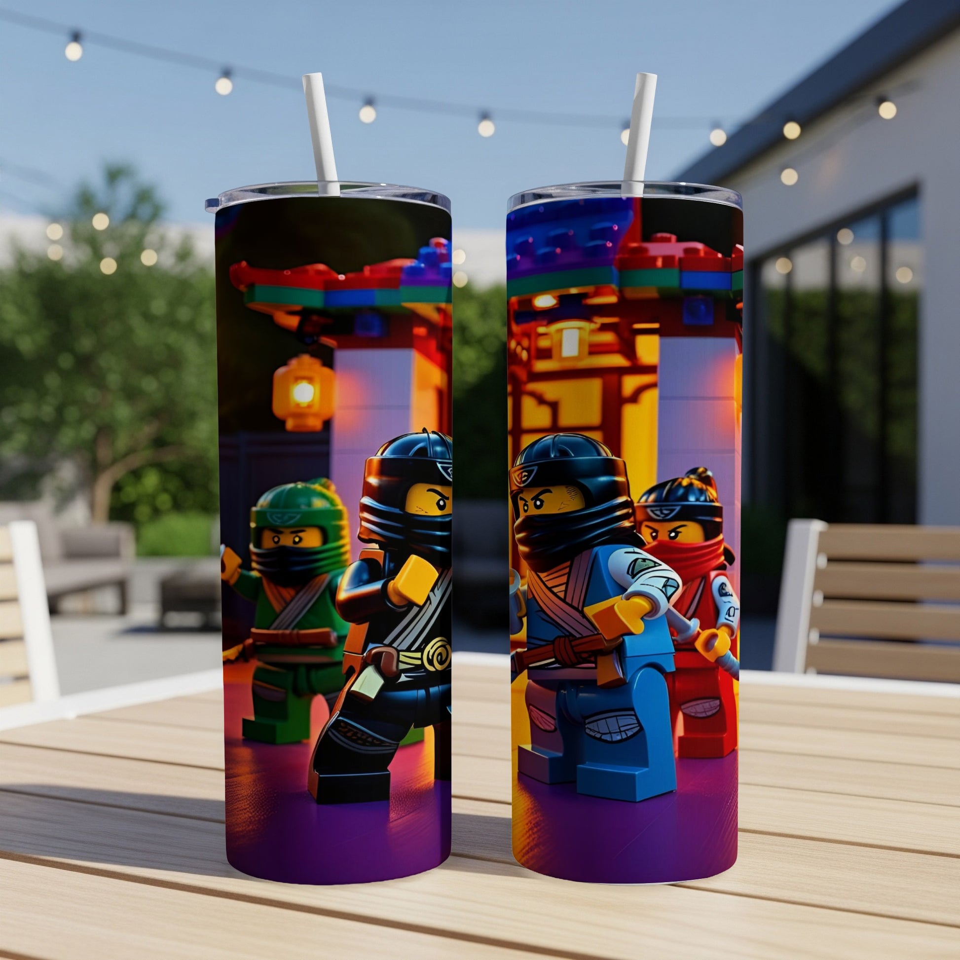 Ninja Lego characters stand in front of a colorful building.