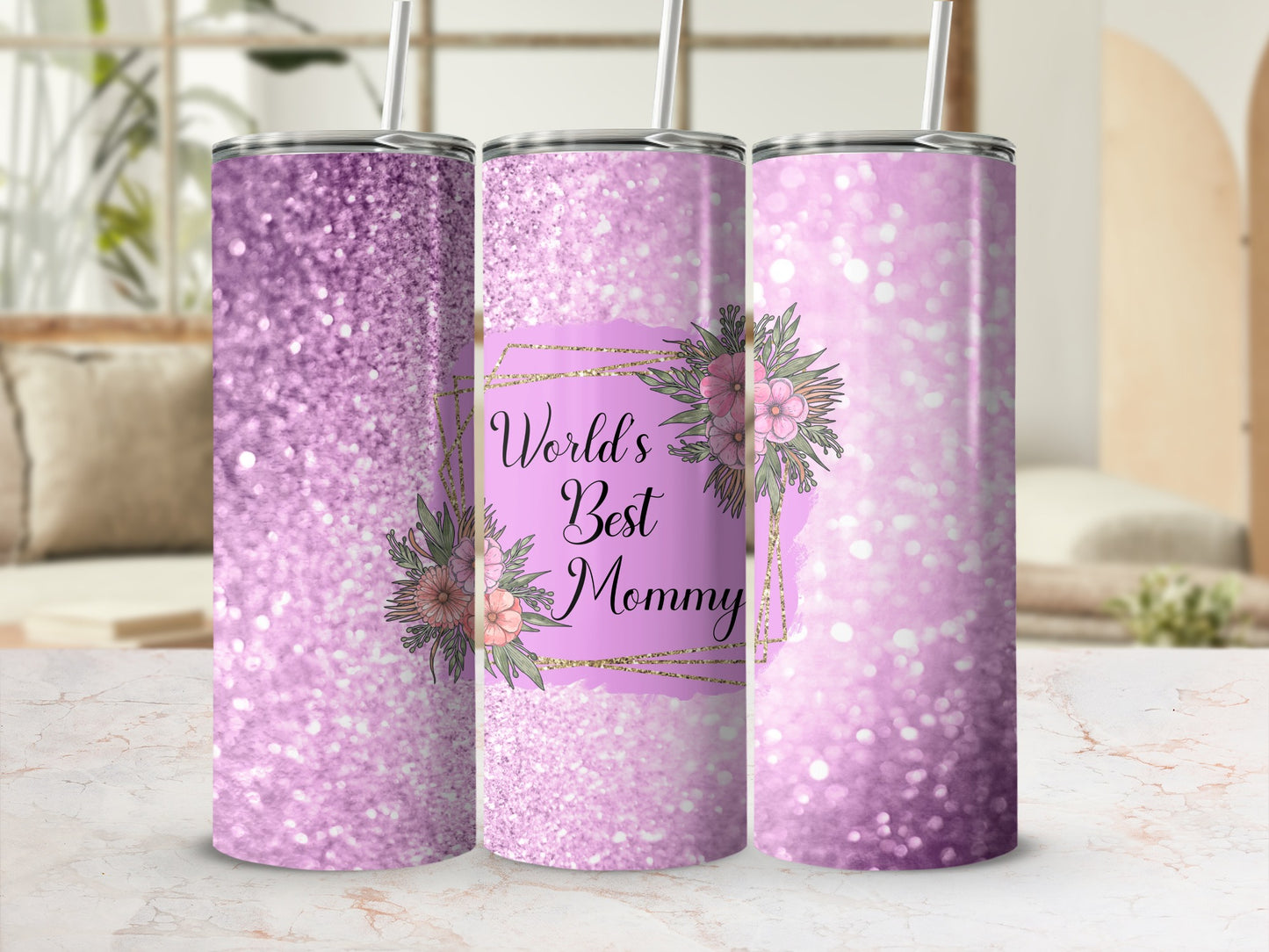 World's Best Mommy Glitter Floral Tumbler Cup