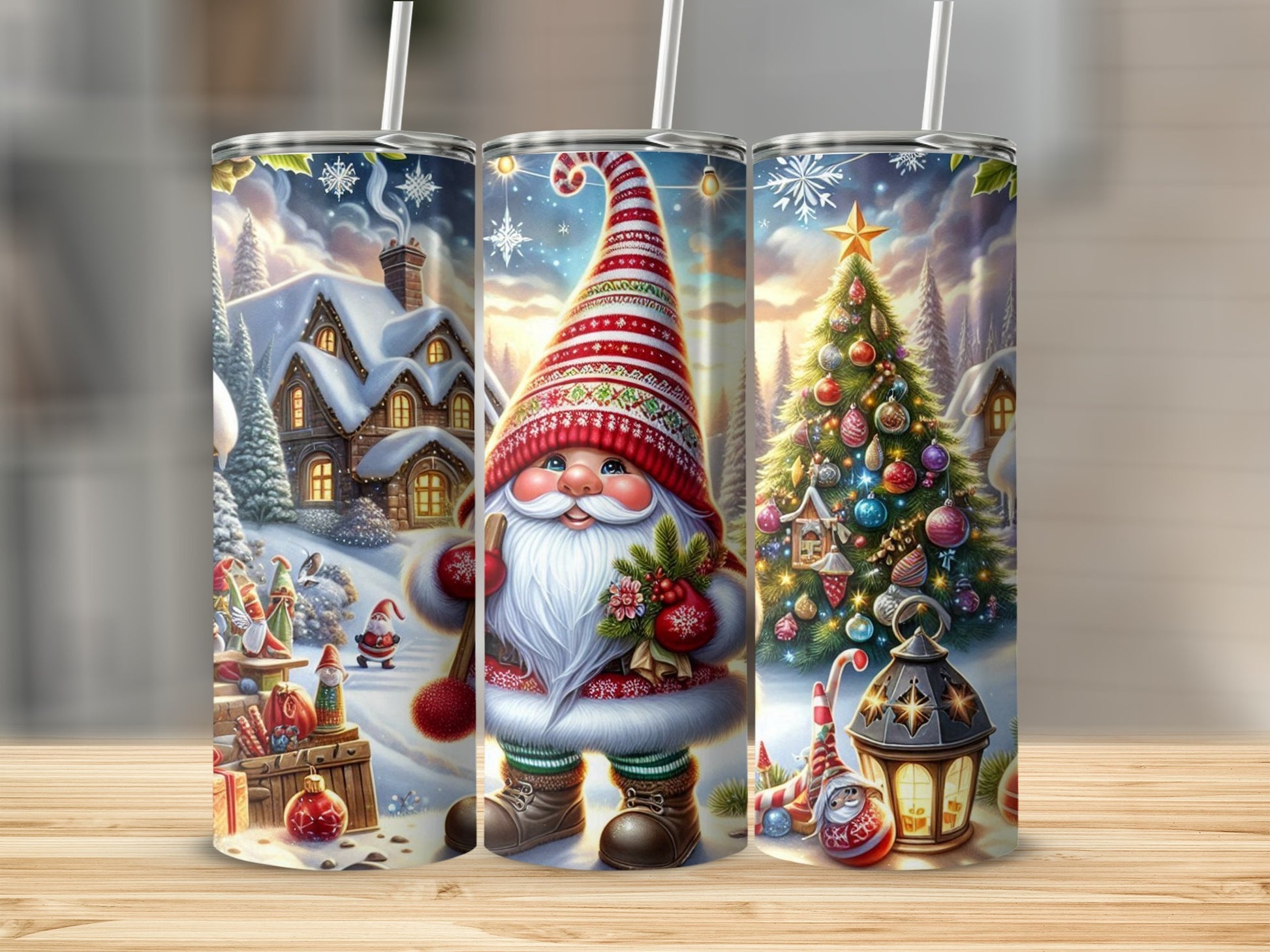 Three Christmas gnomes with a decorated tree and snowy village scene.