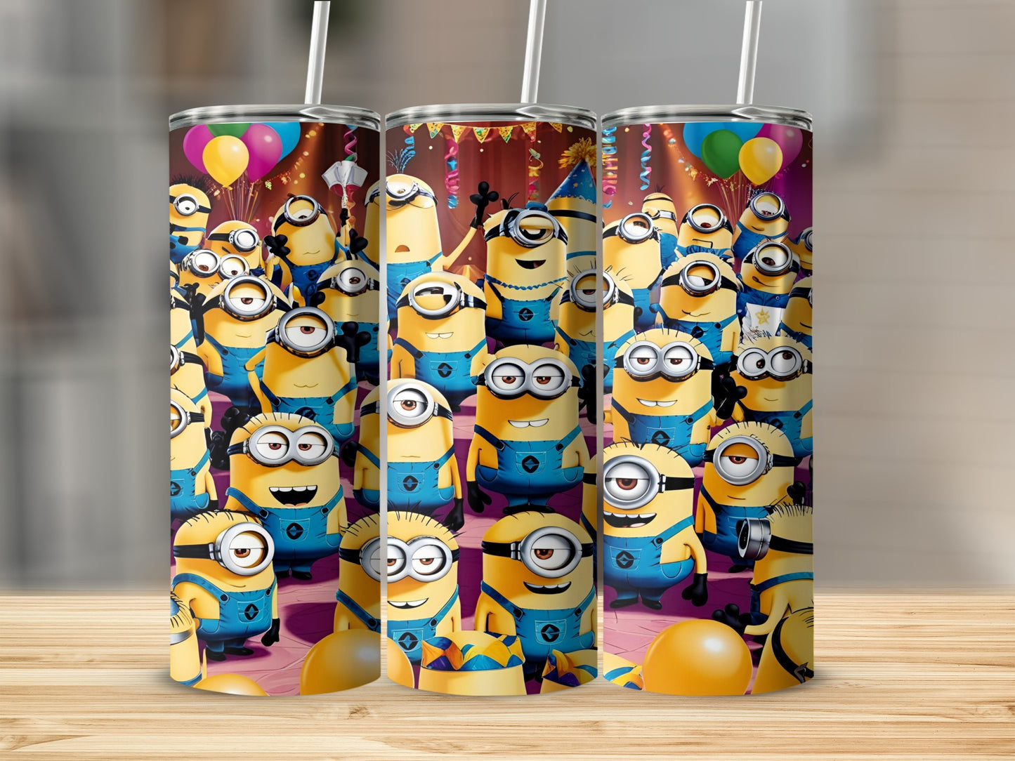 Many Minions with balloons and confetti celebrating.
