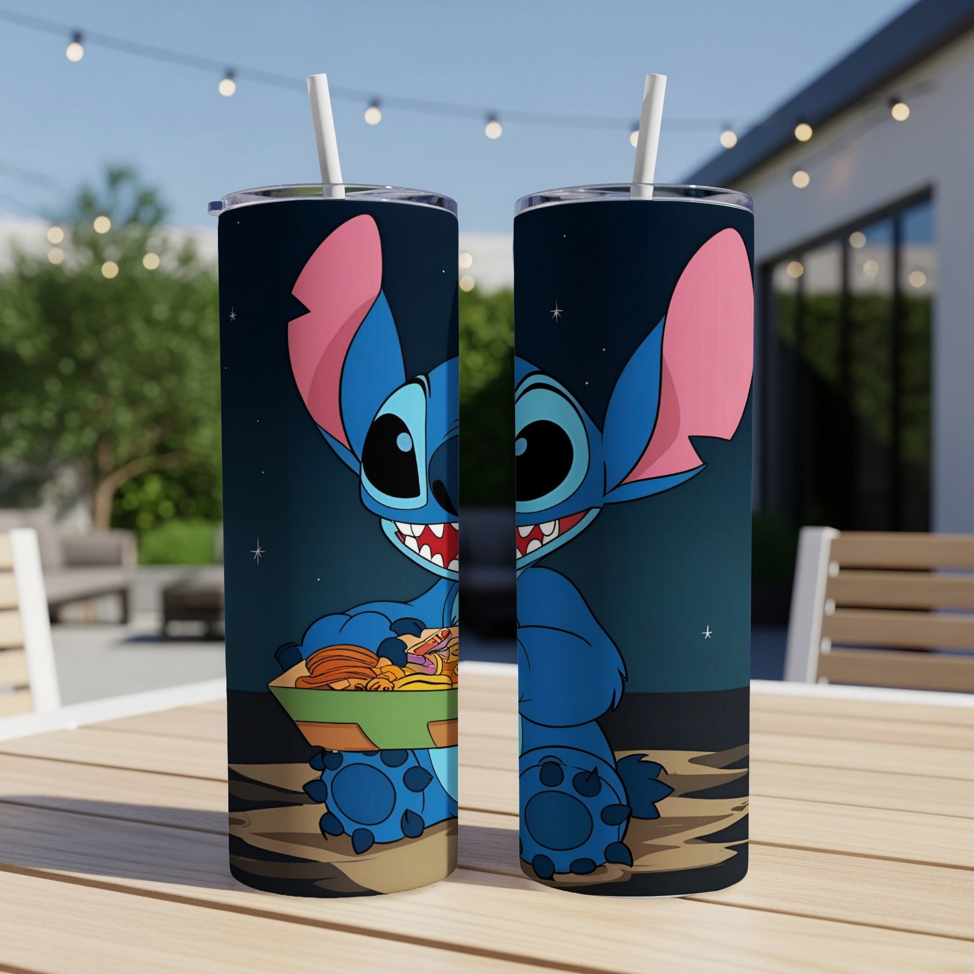 Stitch holding a basket of candy, on a tumbler.