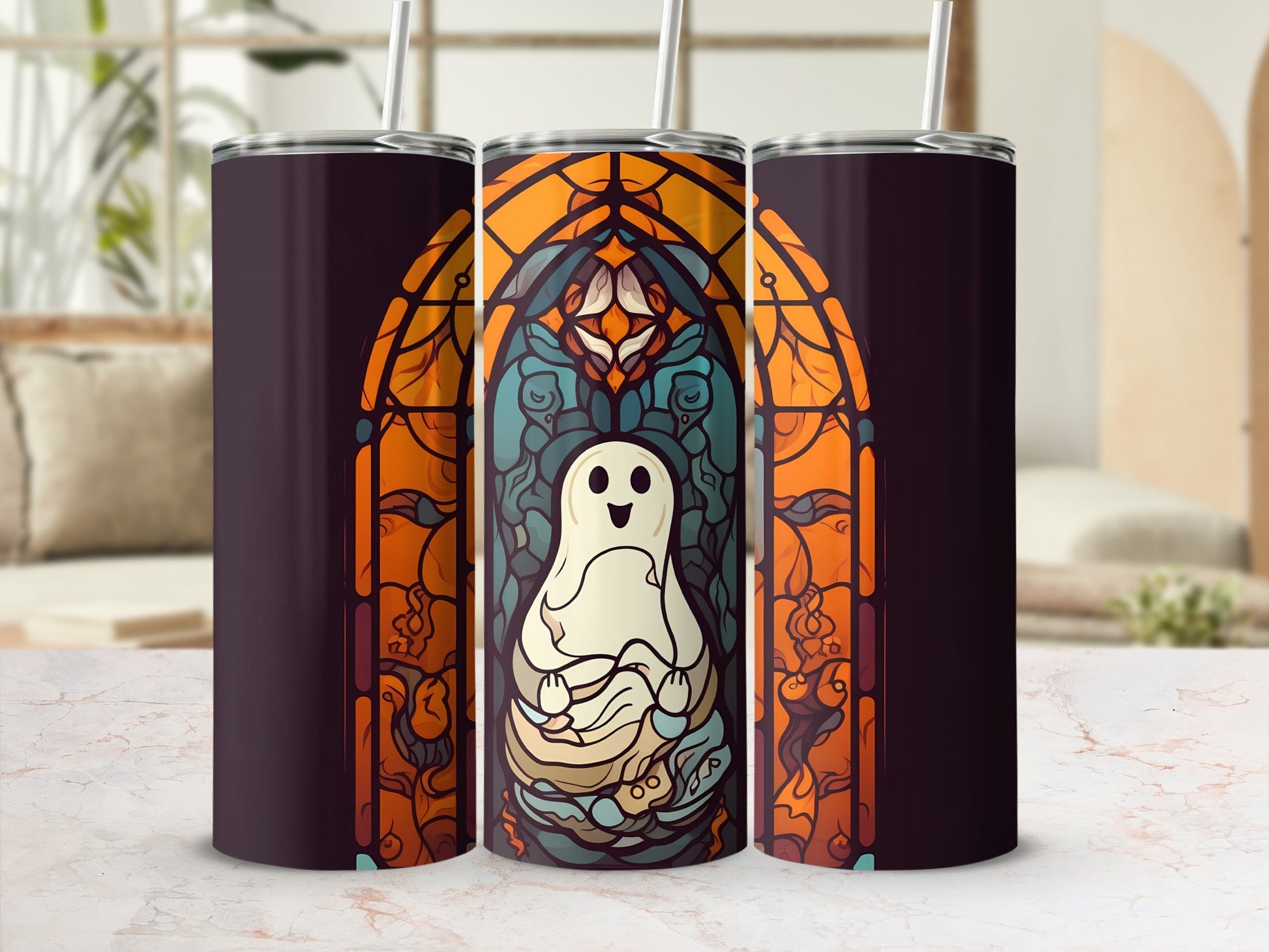 Ghost in stained glass design on a purple tumbler with straw.