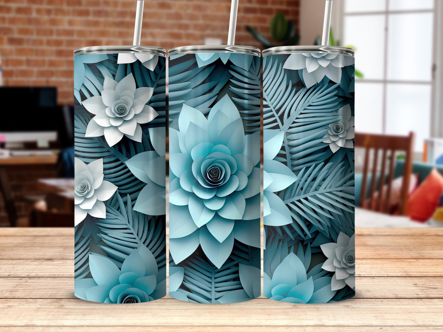 Blue Succulent and Leaves Graphic Design Tumbler