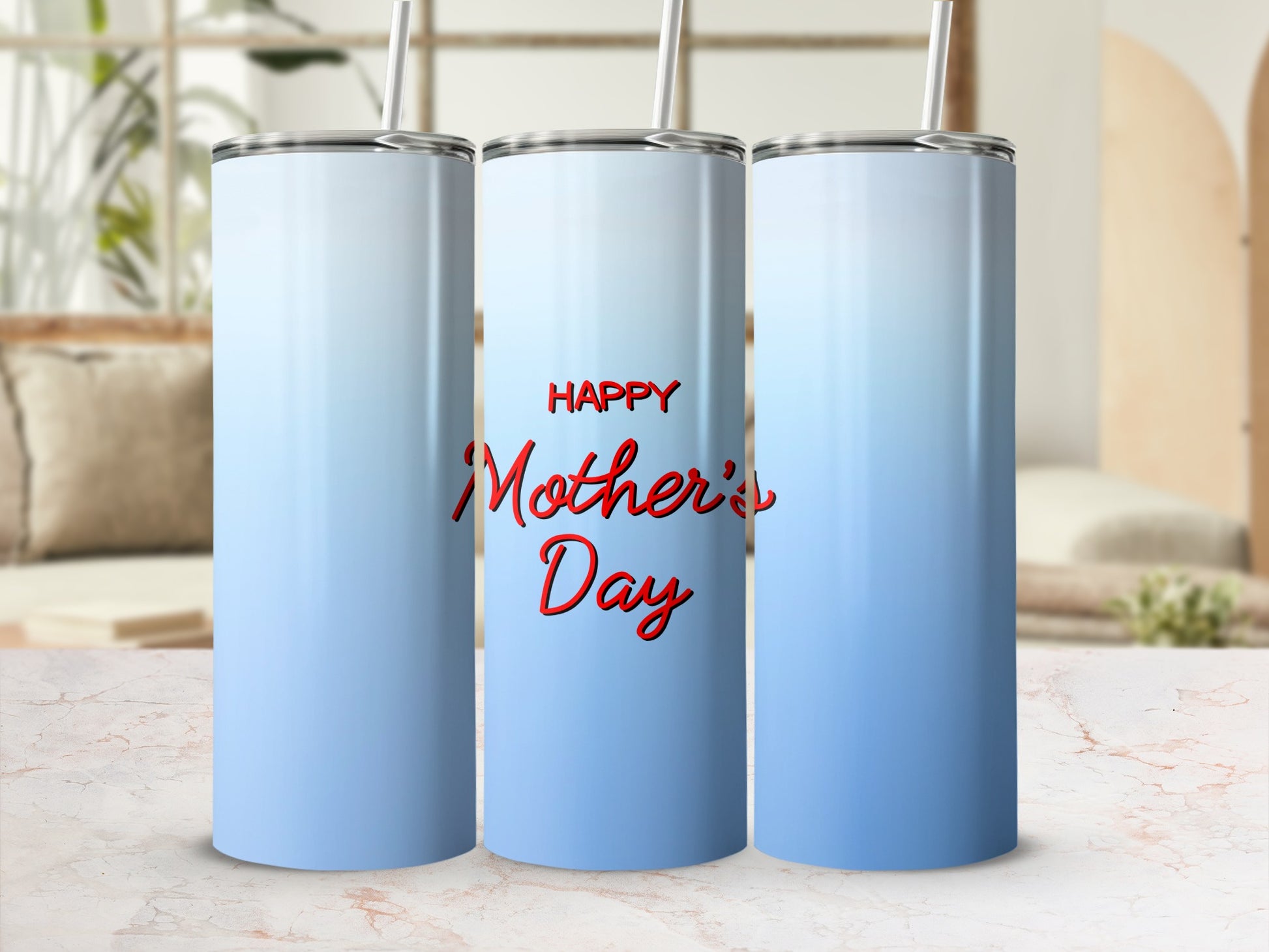 Three blue gradient tumblers with "Happy Mother's Day" text.