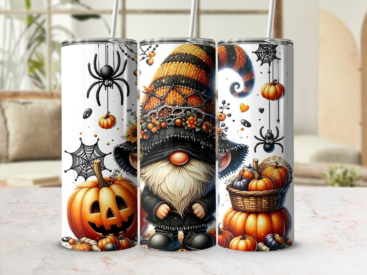 Halloween Gnome and Pumpkin Themed Tumbler Cups