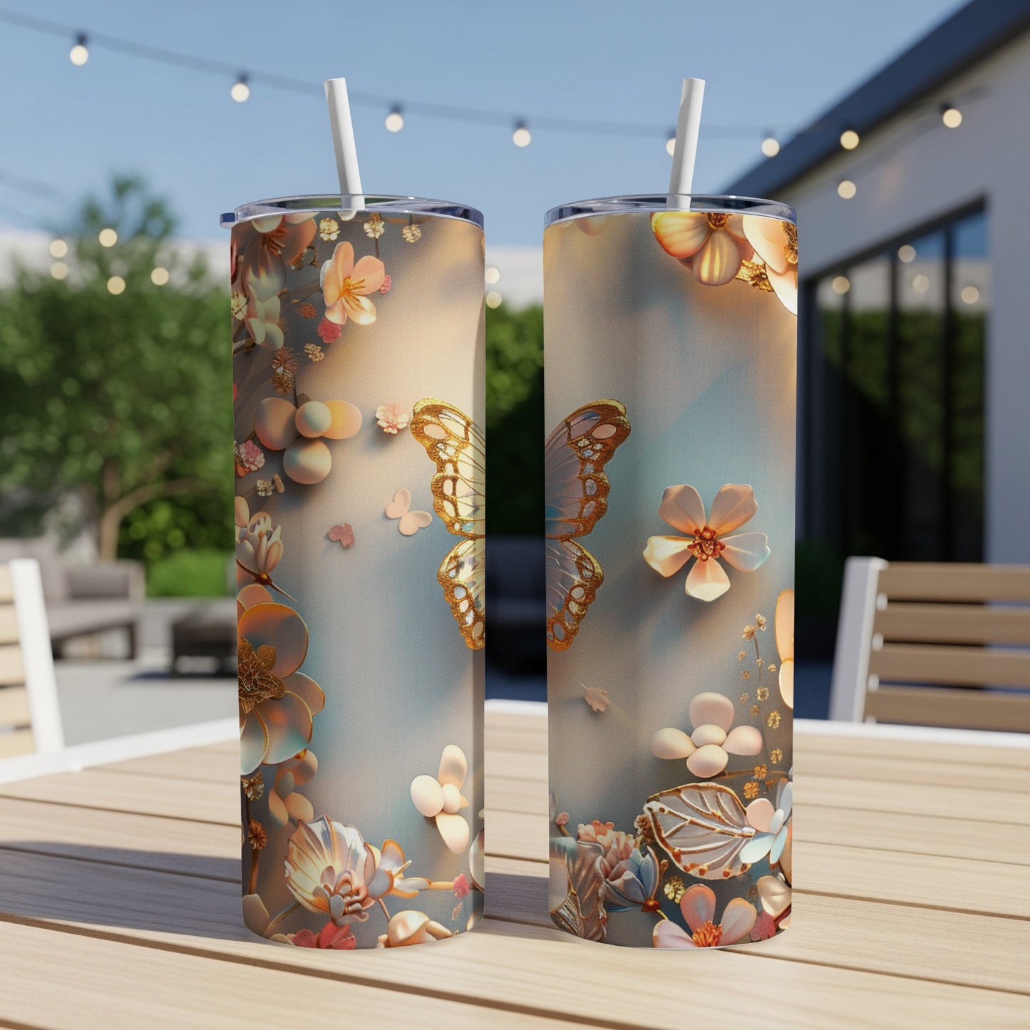 Two tall tumblers with butterfly and floral design on outdoor table.