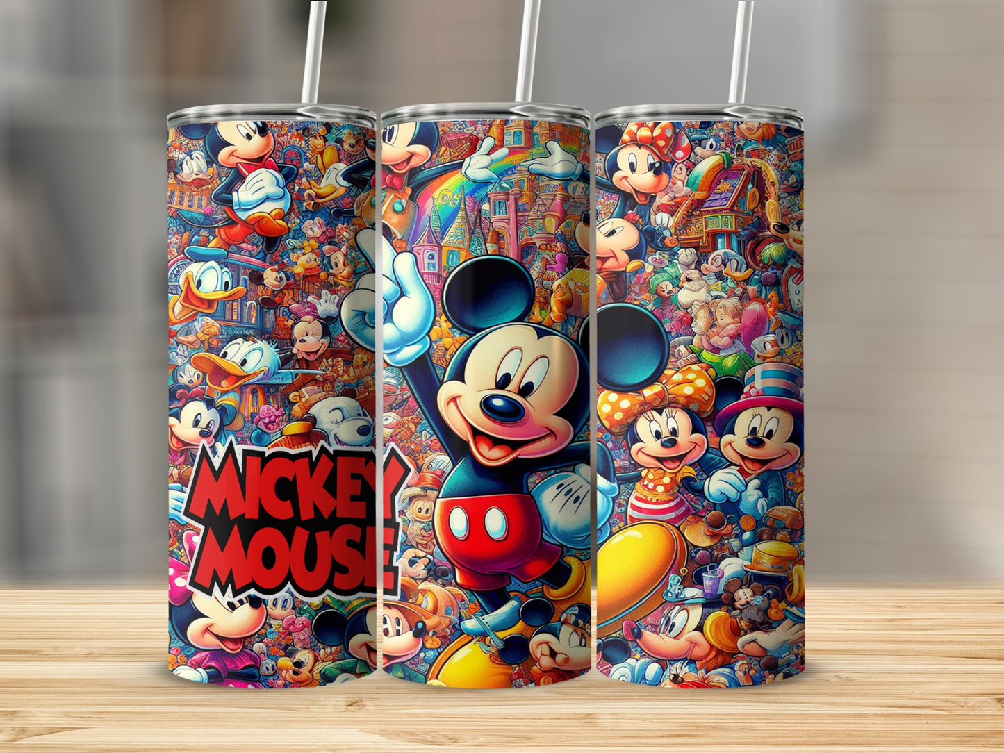 Mickey Mouse and friends cartoon collage on three travel tumblers.