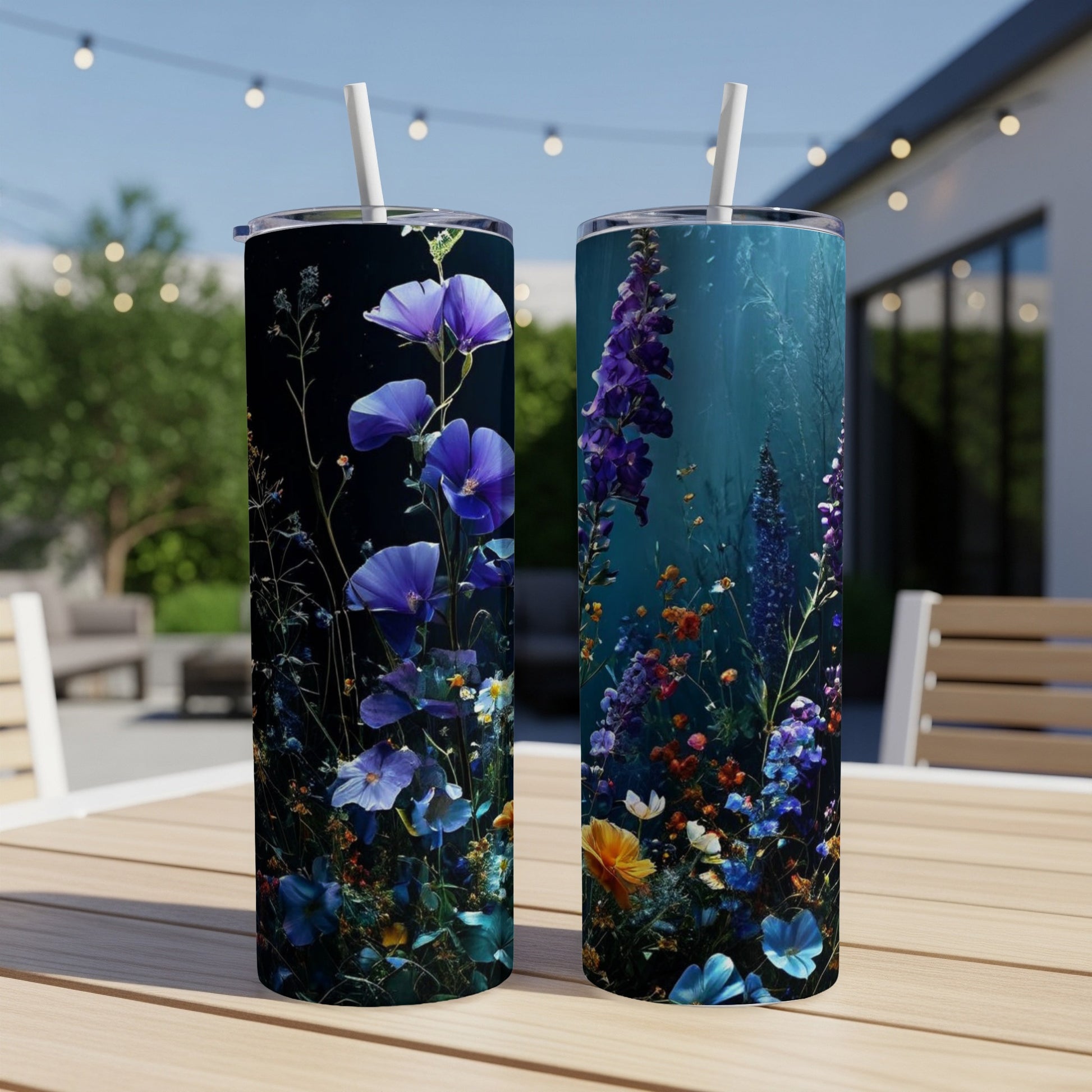 Two tumblers with a dark floral design and straws, placed on a wooden table.