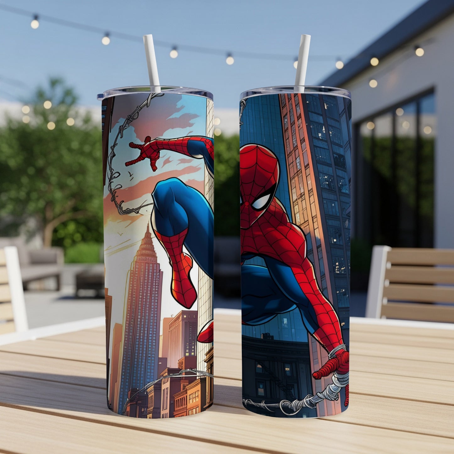 Spider-Man swinging through a city skyline on two identical tumblers.