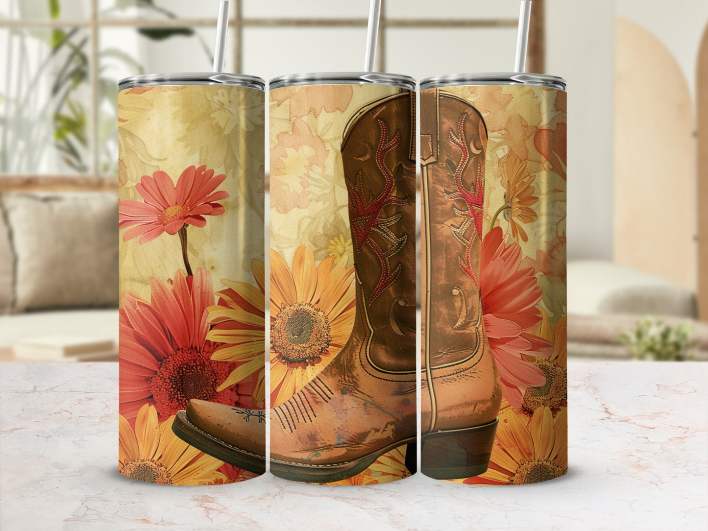 Tall western boot with floral pattern, sunflowers and daisies.