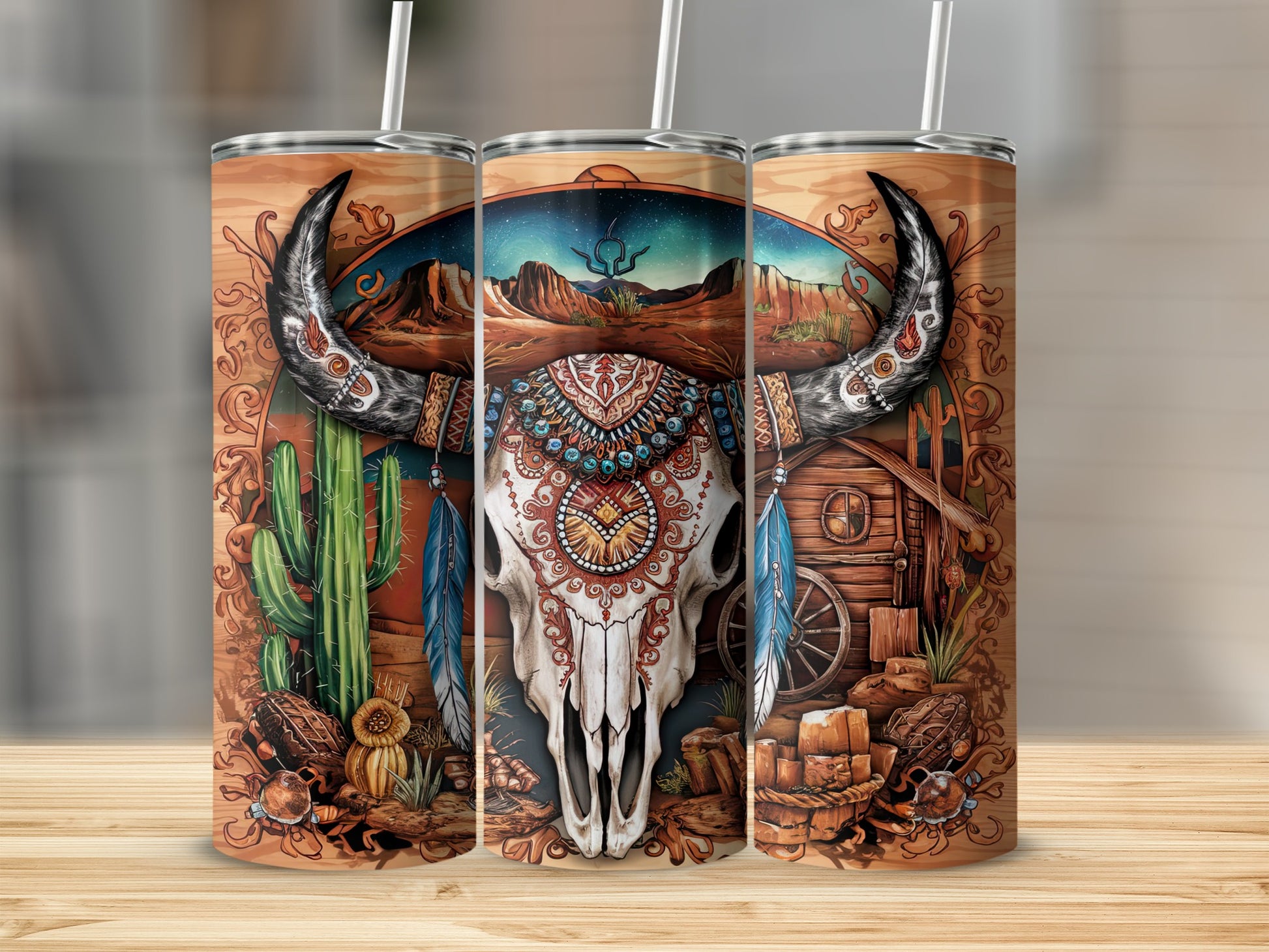 Tribal decorated bull skull with desert landscape and rustic cabin.