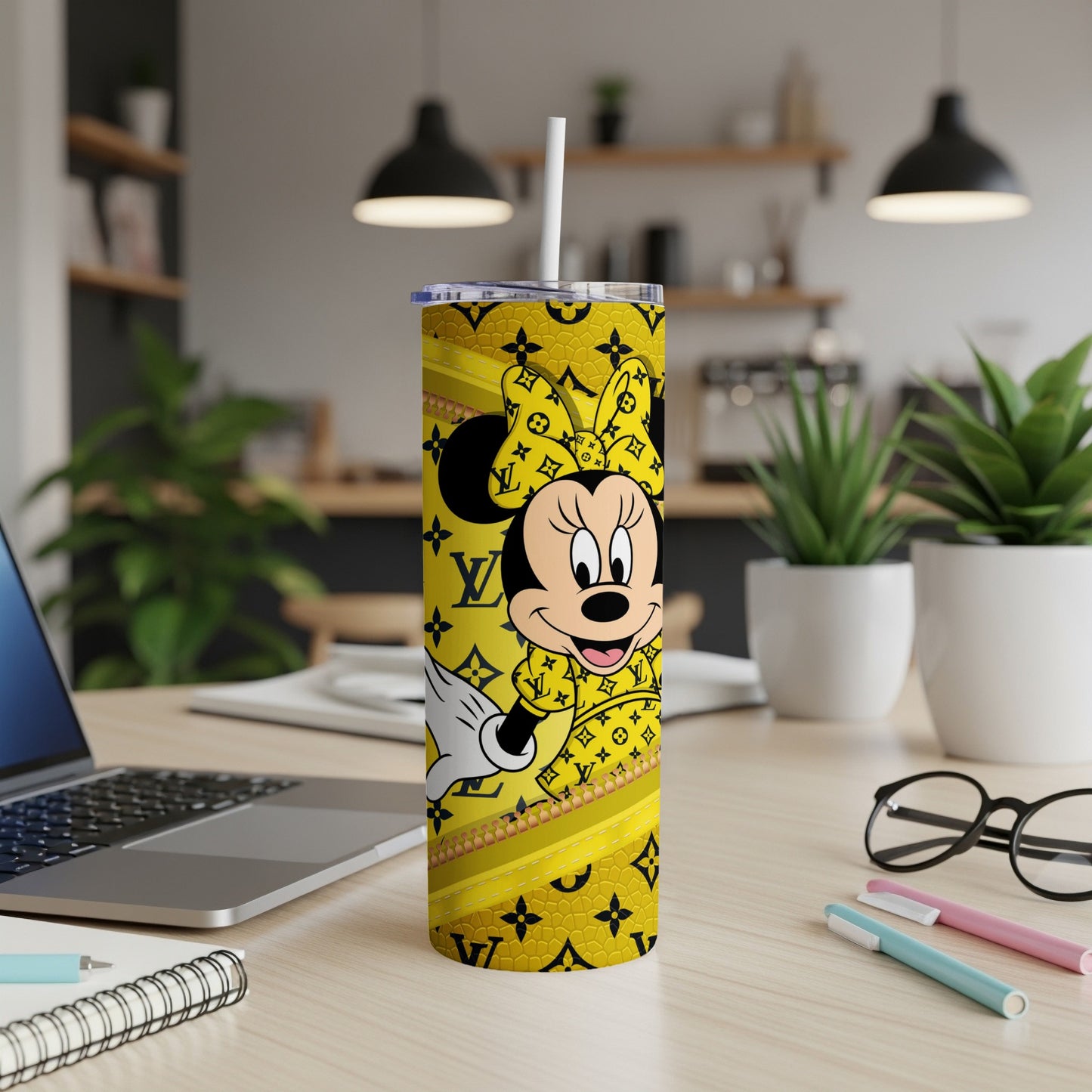 Yellow tumbler with Minnie Mouse and LV pattern.