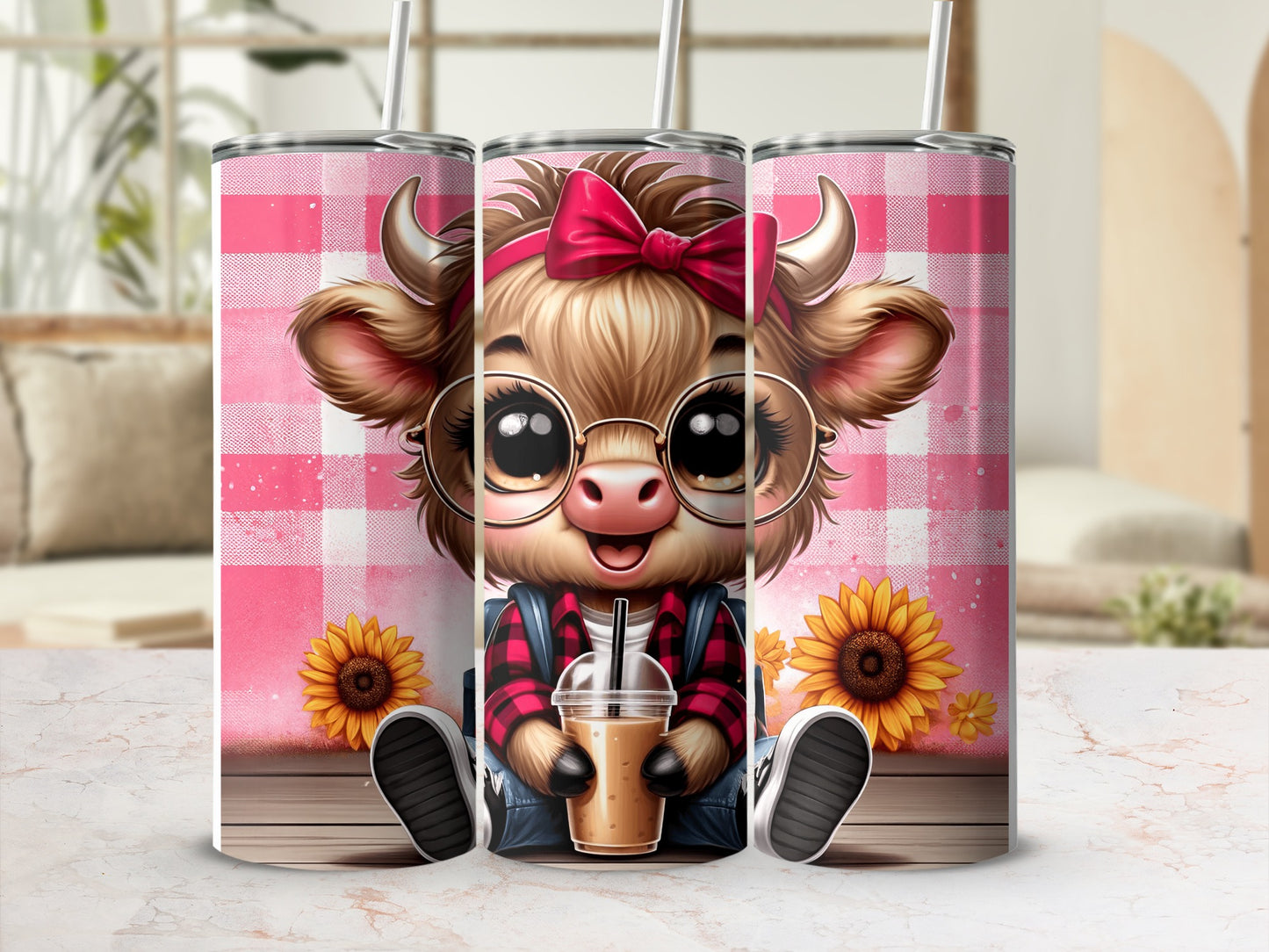Cute cartoon cow with glasses holding a drink, pink gingham background.