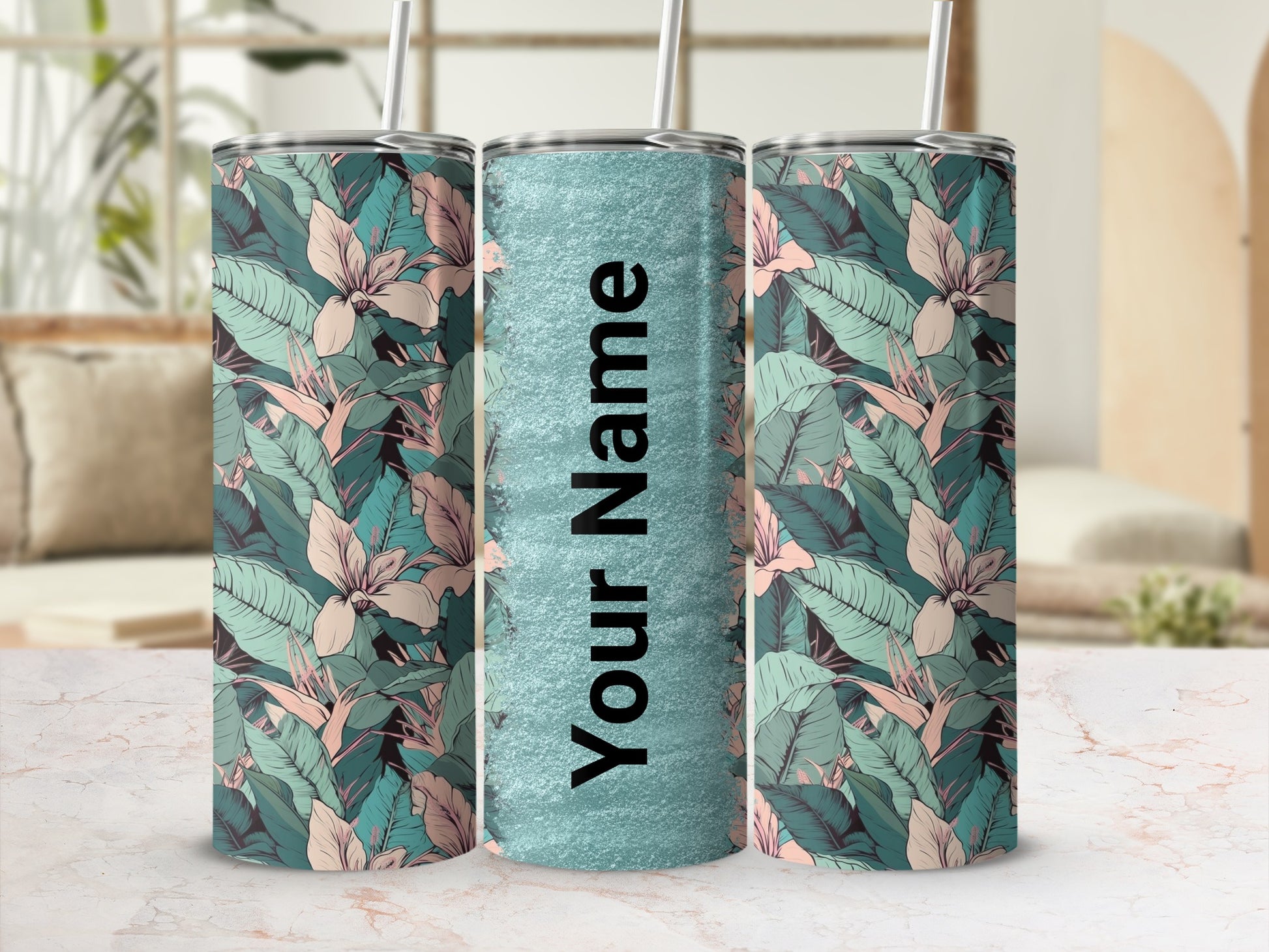 Floral Leaf Custom Name Design Tumbler Cup