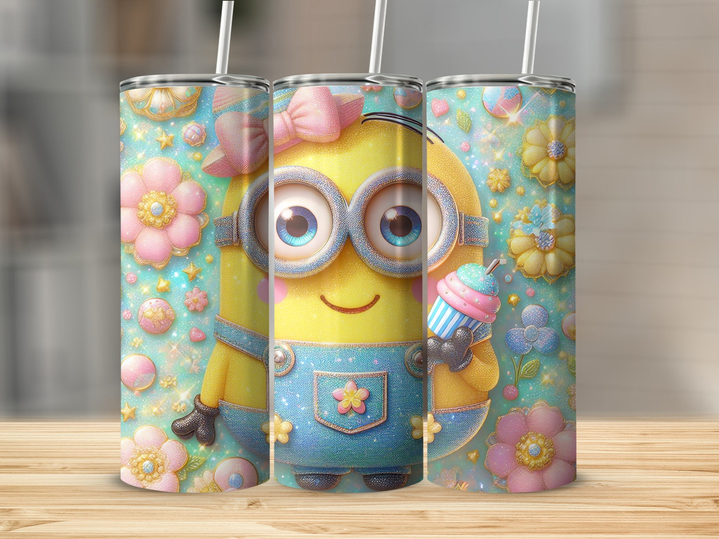 Adorable Floral Theme Tumbler with Cute Cartoon Design