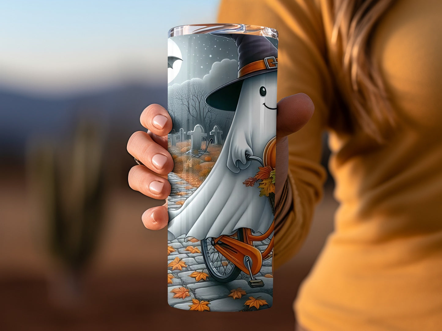 Cute Halloween Ghost on Bicycle Tumbler Product