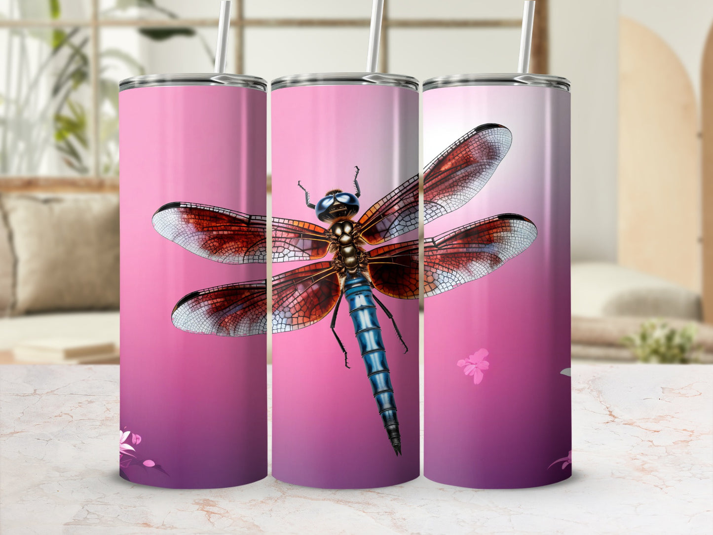Vibrant Dragonfly Design on Pink Gradient Tumbler Product