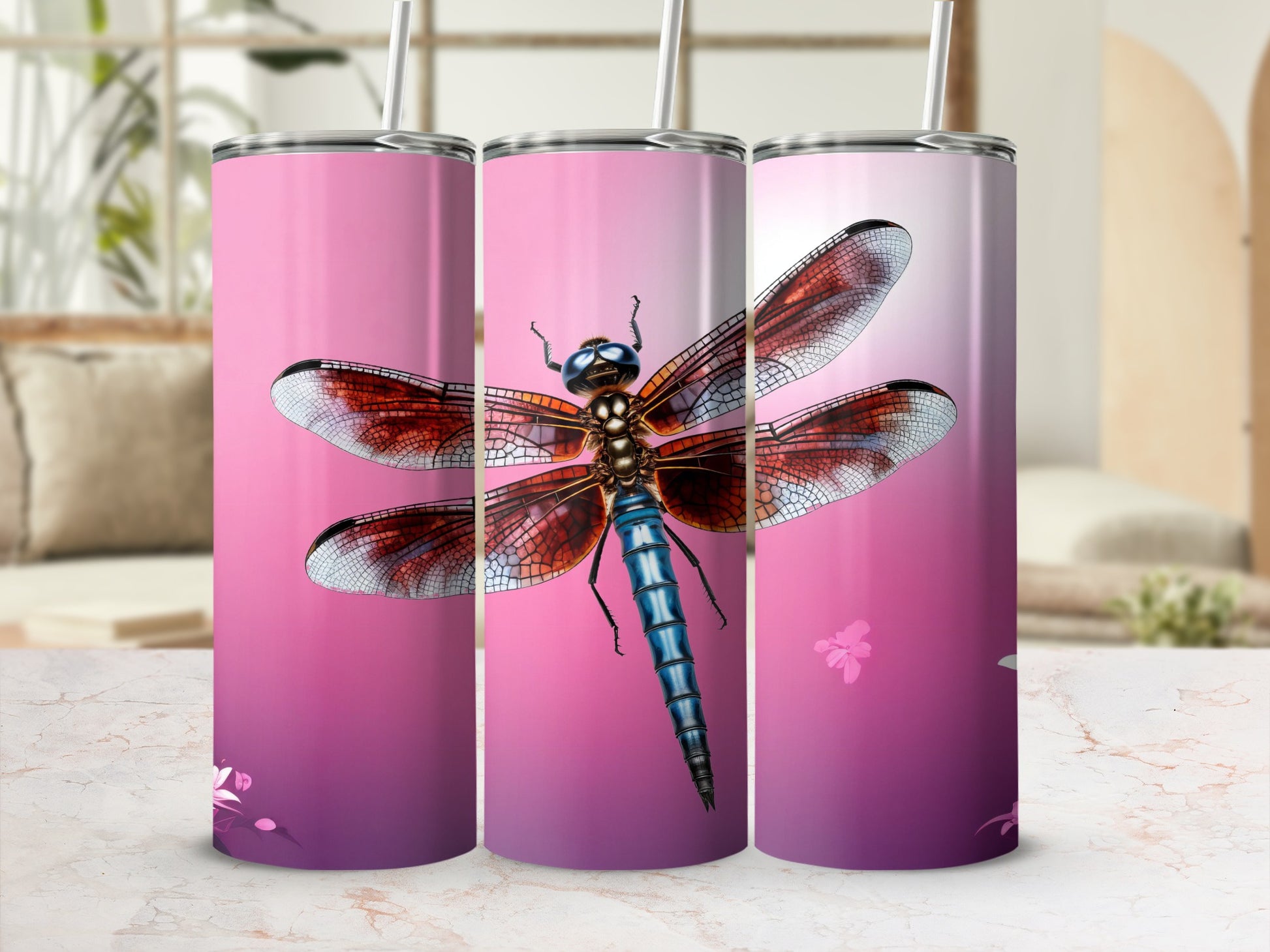 Vibrant Dragonfly Design on Pink Gradient Tumbler Product