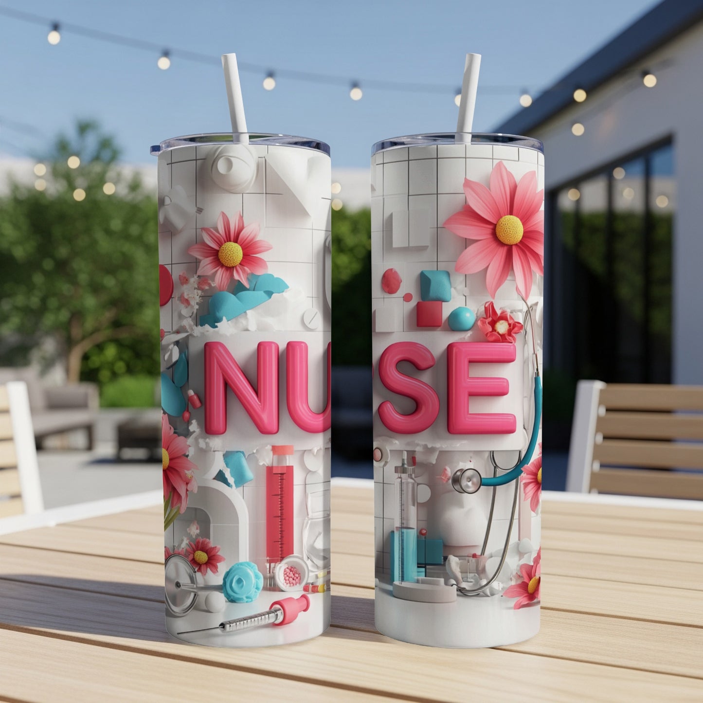 Pink and blue nurse-themed tumbler with medical icons and flowers.