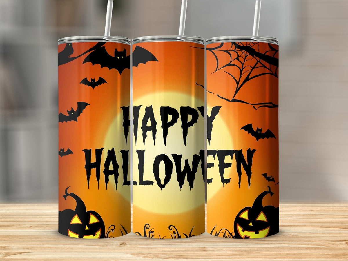 Three tumblers with a Halloween theme, featuring bats, pumpkins, and the text "Happy Halloween".