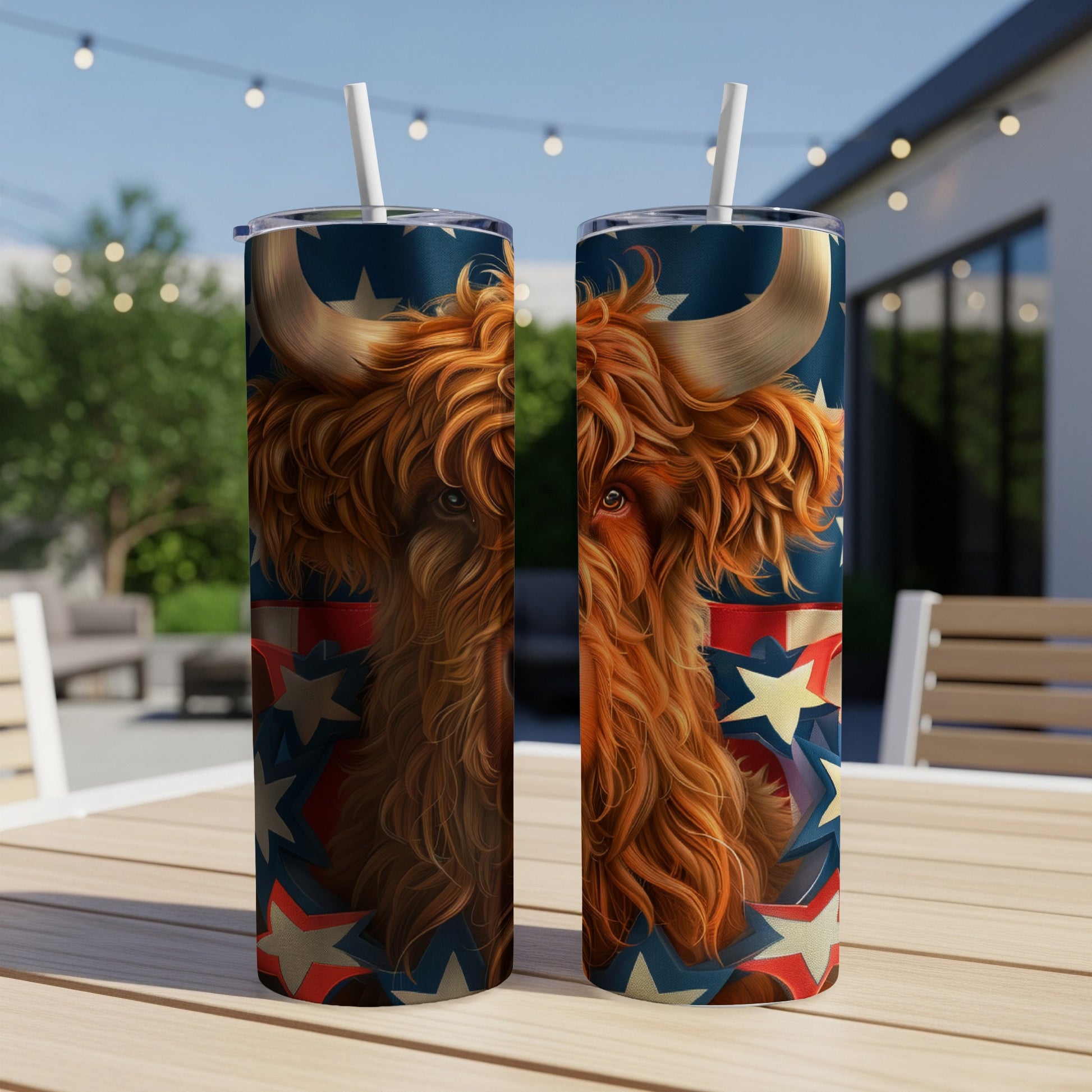 Highland cow with red, white, and blue stars on a skinny tumbler.