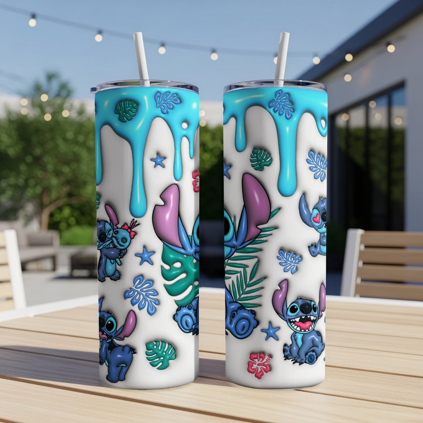 Two tumblers featuring Stitch from Lilo & Stitch with blue drip accents.