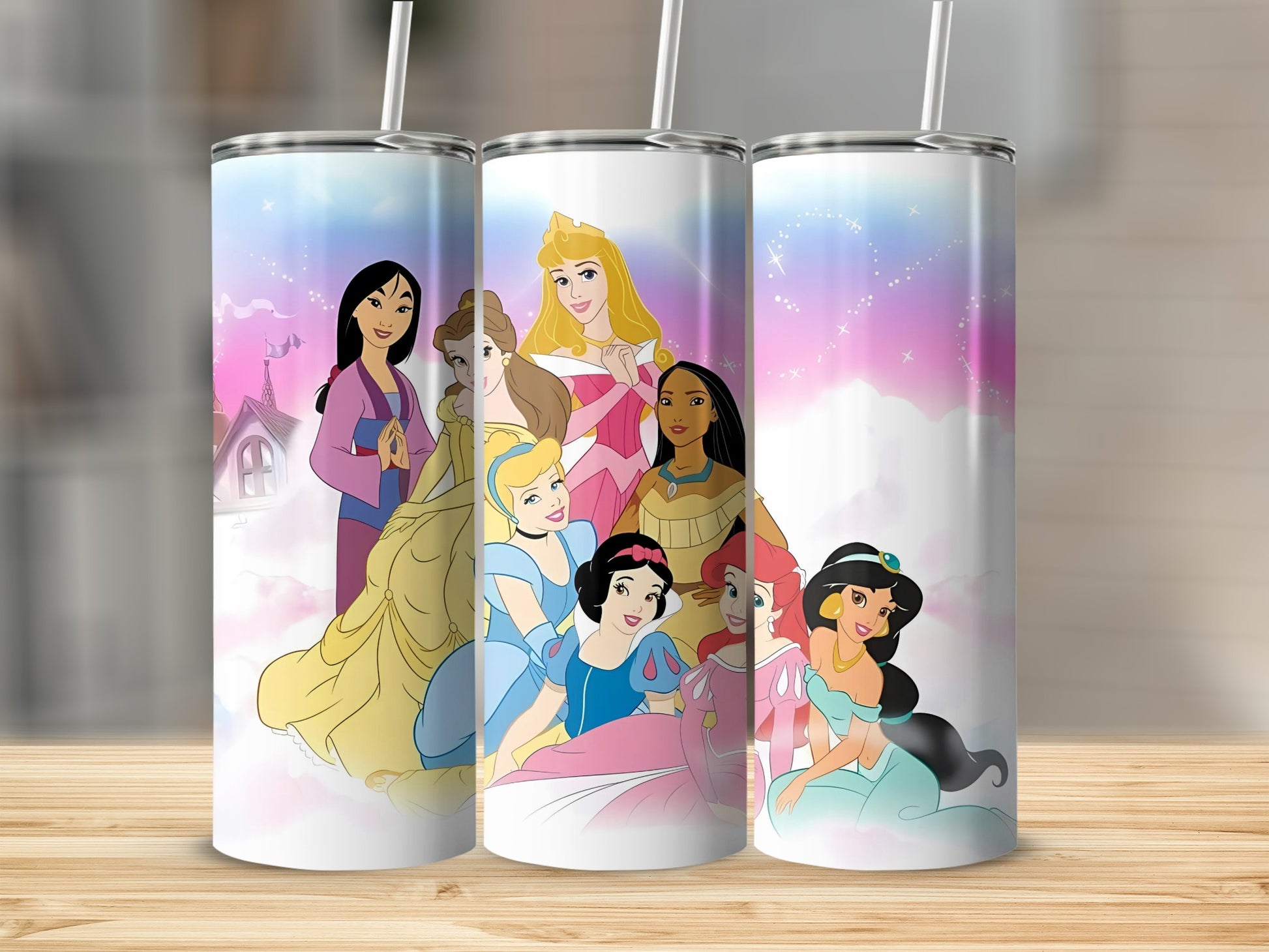 Princesses Tumbler with Straw Fantasy Castle Background
