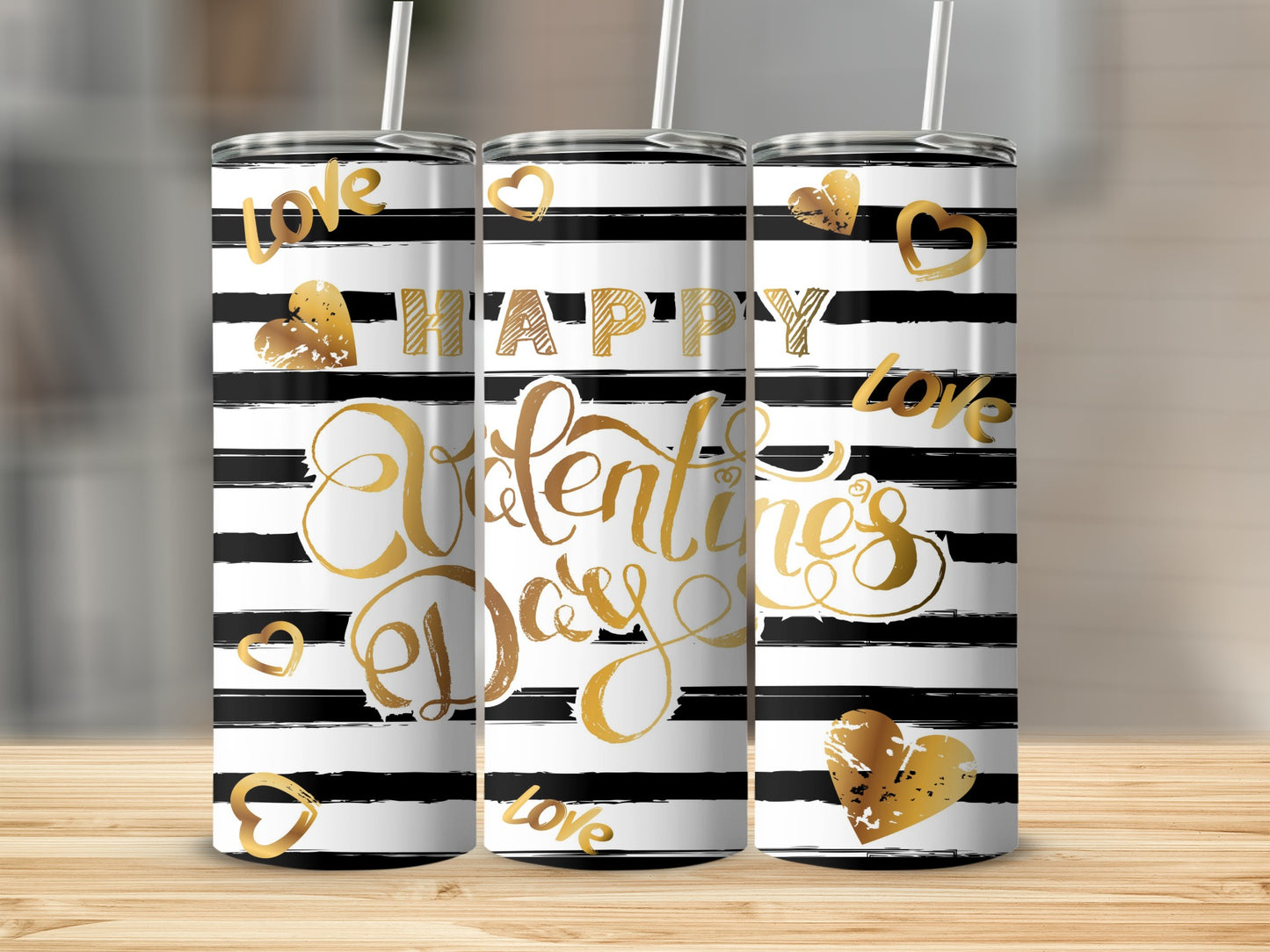 Happy Valentines Day Striped Gold Hearts Love tumbler
