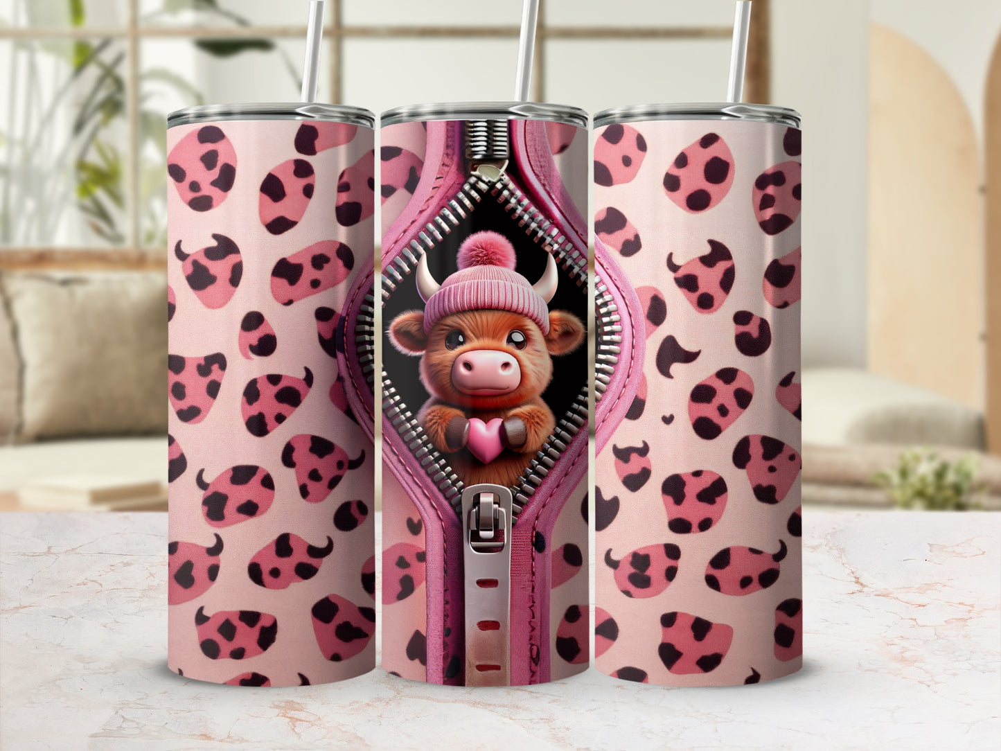 Pink leopard print tumbler with a zippered opening revealing a cartoon cow with heart-shaped accessory.