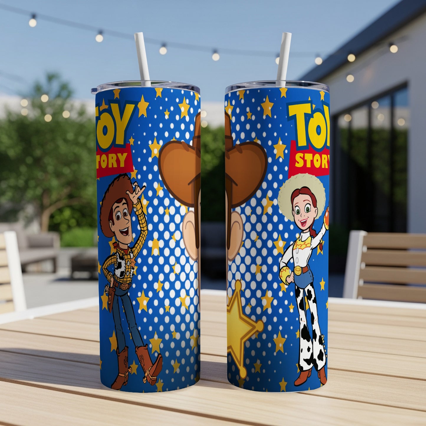 Toy Story tumblers with Woody and Jessie characters.