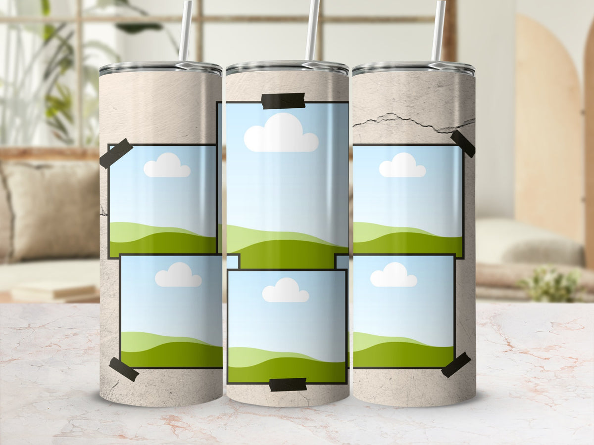 Three tumblers with distressed texture, each displaying a grid of landscape photo placeholders.