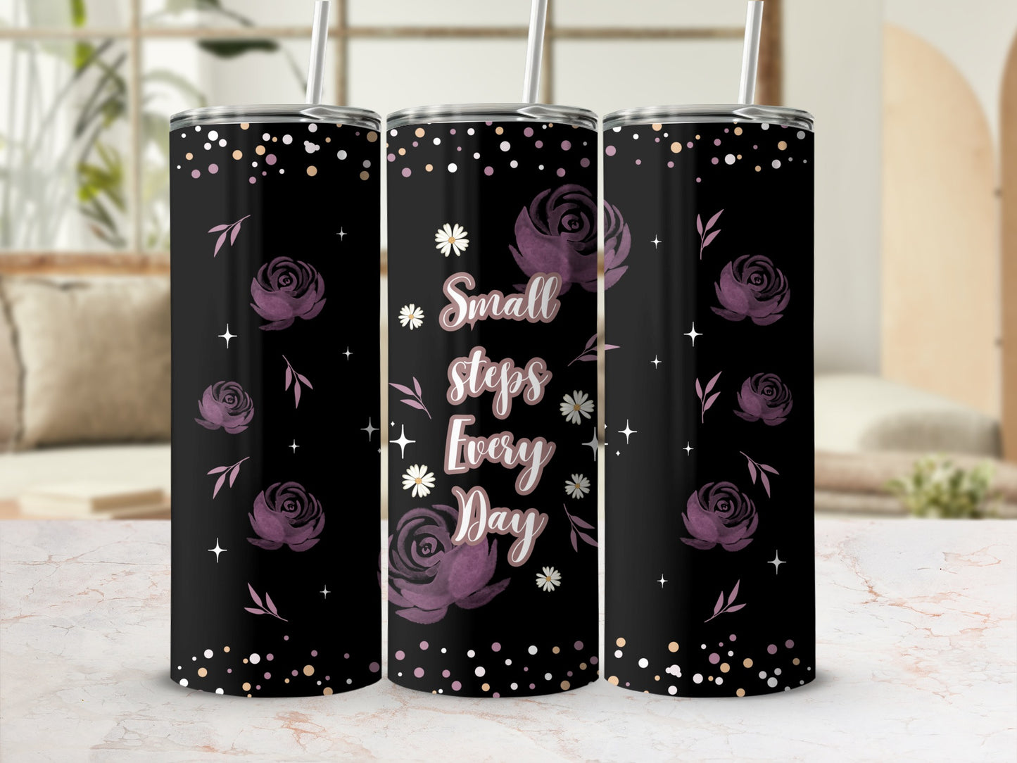 Black tumbler with purple roses, stars, and "Small steps Every Day" text.