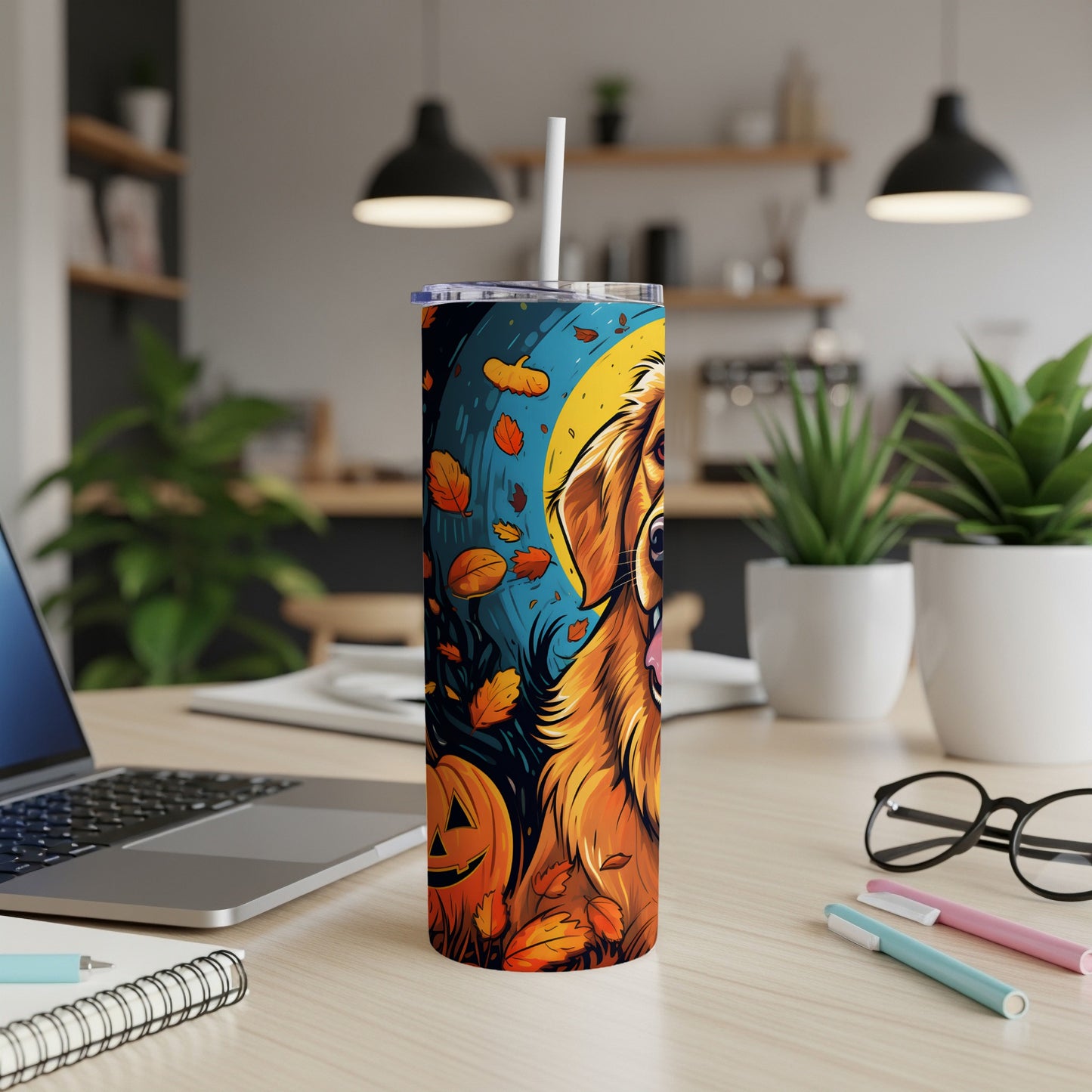 Tumbler with golden retriever, pumpkins, and falling leaves design.