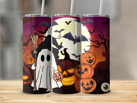 Spooky Halloween Themed Tumblers With Ghost and Pumpkins