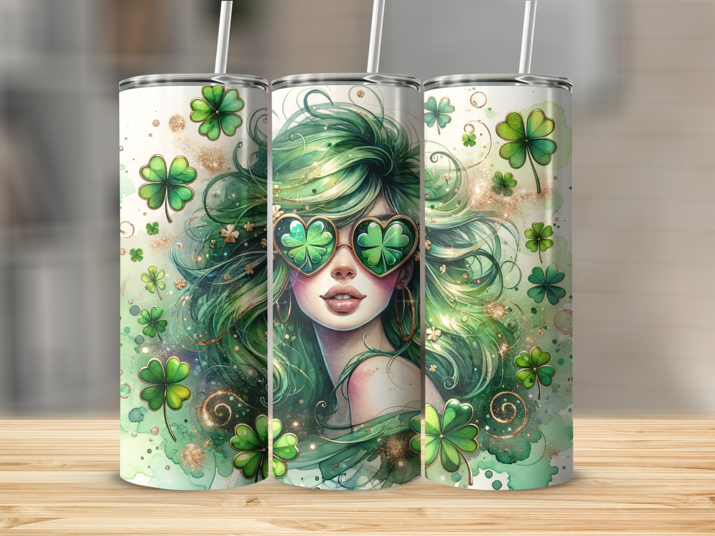 Woman with green hair and clover sunglasses, surrounded by clovers.