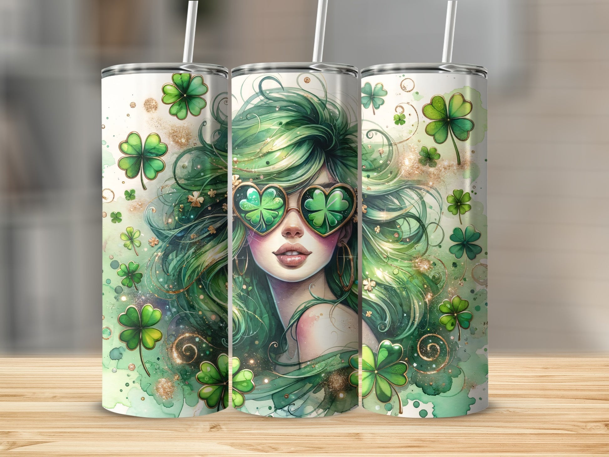 Woman with green hair and clover sunglasses, surrounded by clovers.