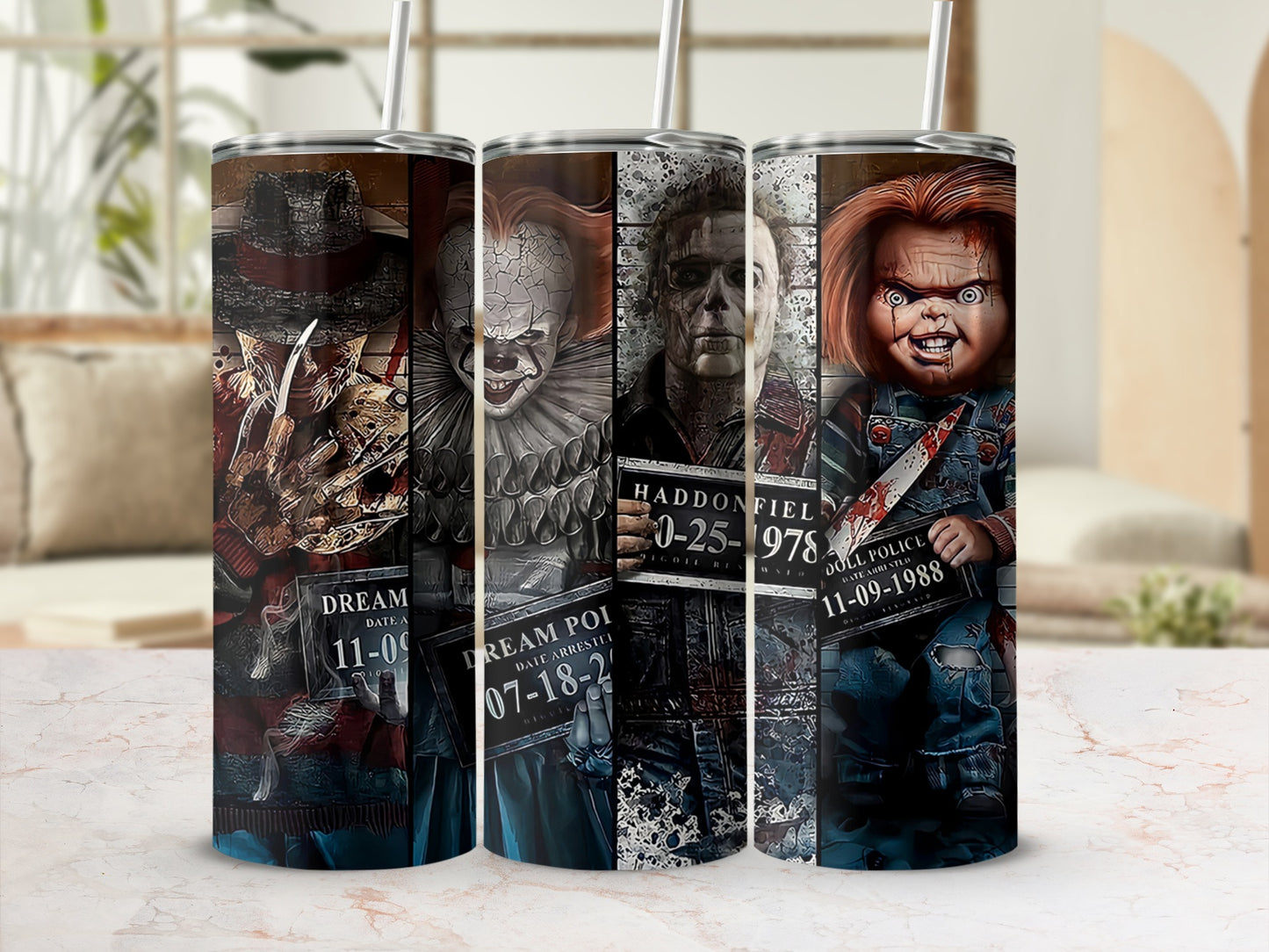 Horror movie character tumblers: Freddy, Pennywise, Michael Myers, Chucky.