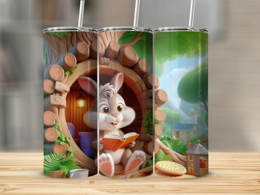 Cozy Reading Bunny with Forest Background Tumbler