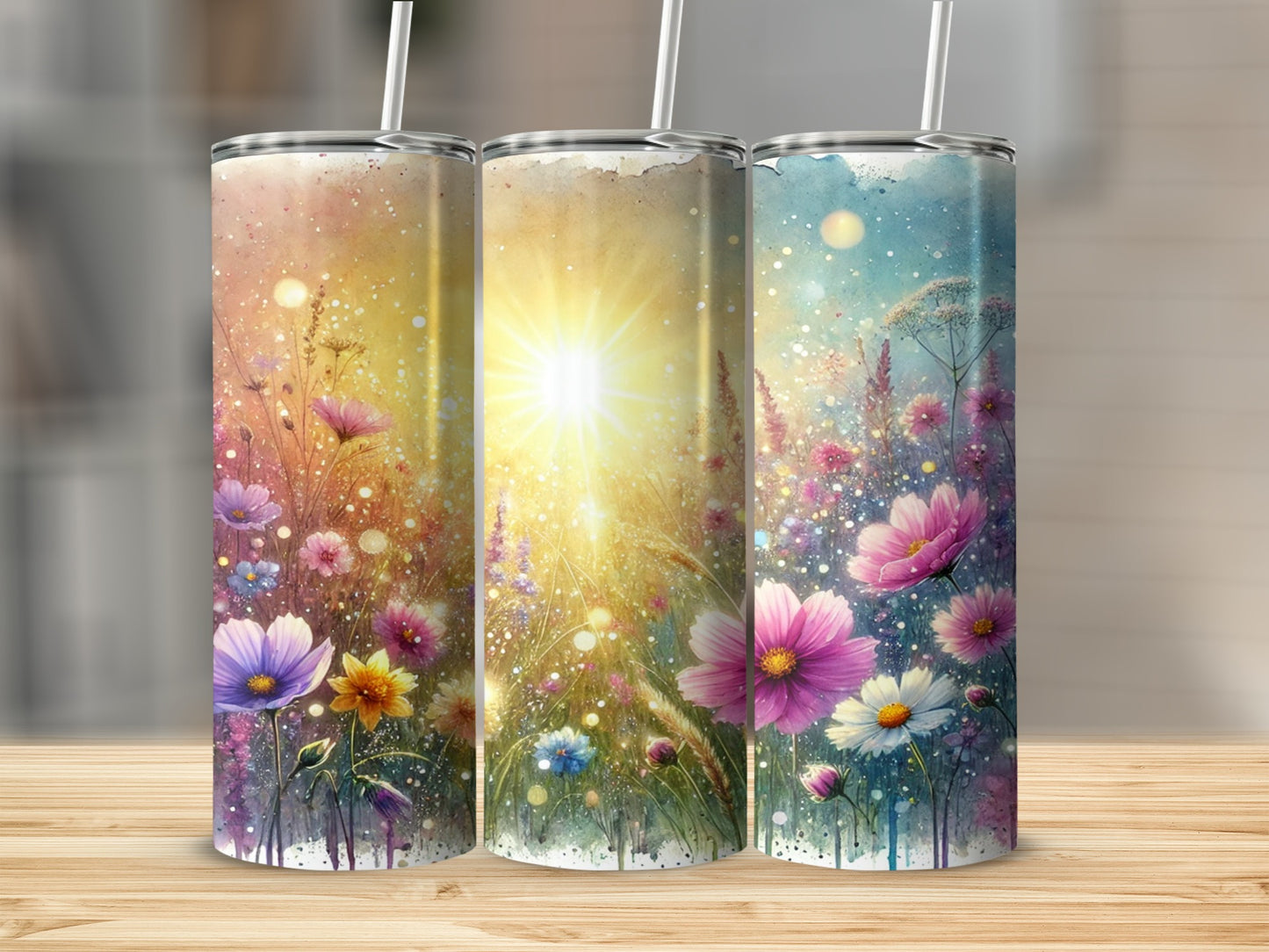 Vibrant Floral Sunburst Design Tumblers Set with Lids