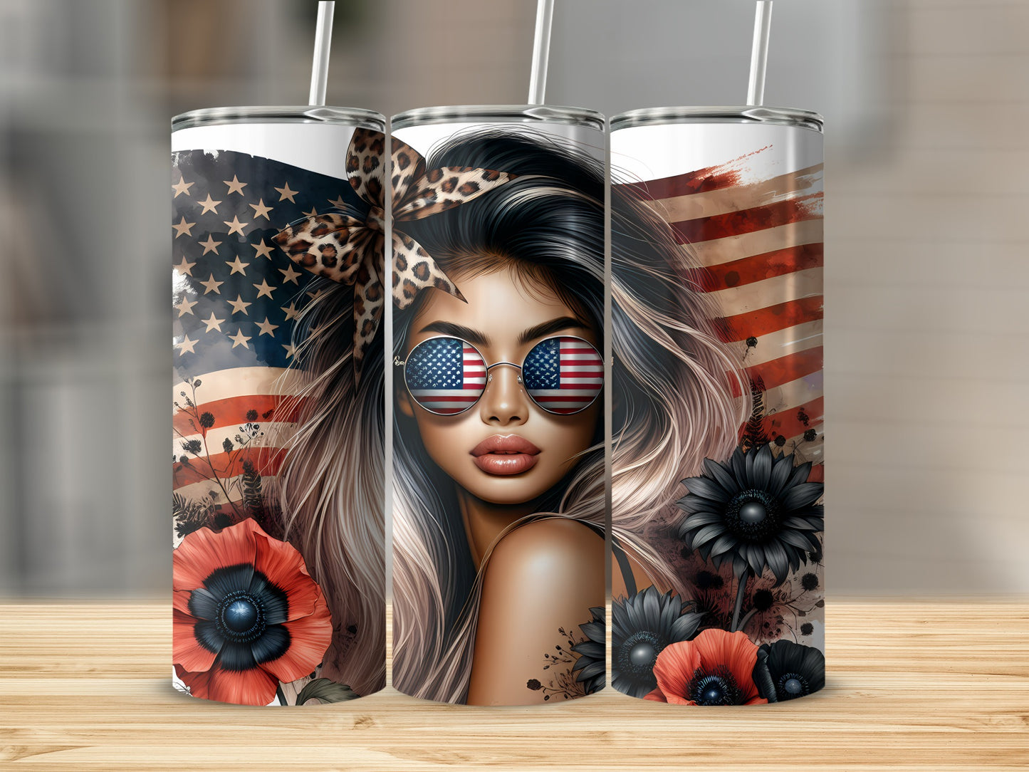 Woman with sunglasses featuring US flag, poppies, and floral accents on a tumbler.