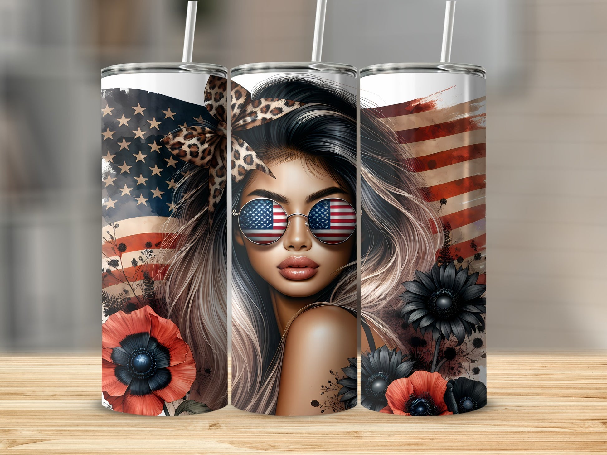Woman with sunglasses featuring US flag, poppies, and floral accents on a tumbler.