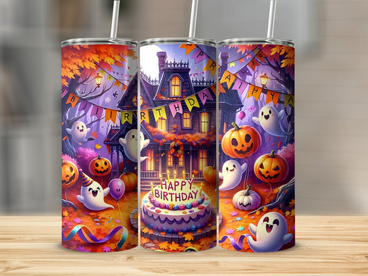 Halloween themed tumblers with ghosts, pumpkins, and a "Happy Birthday" cake.