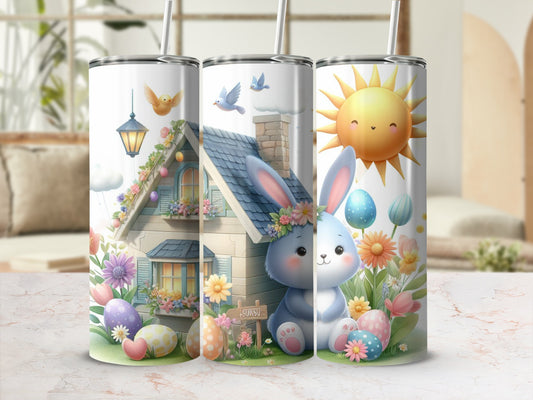 Easter bunny, chicks, eggs, and house on a tumbler.