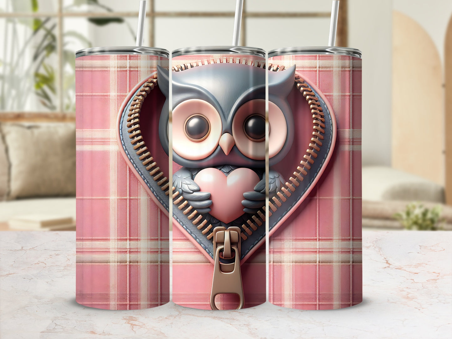 Pink plaid tumbler with a gray owl holding a pink heart on a zipper.