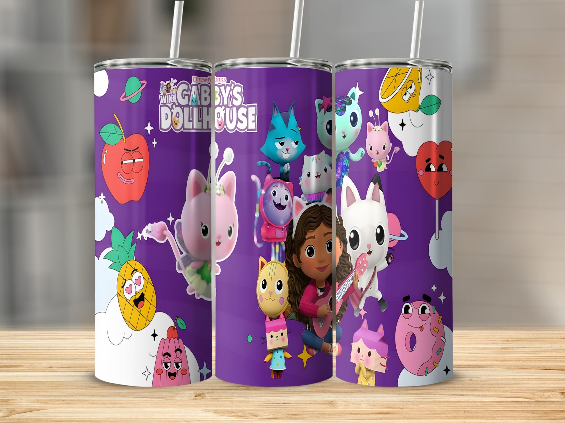 Gabby's Dollhouse characters with pineapple and jelly on purple tumblers.