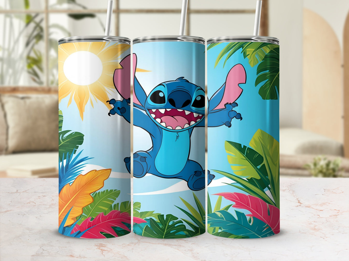 Three Stitch tumblers with palm leaves and sun.