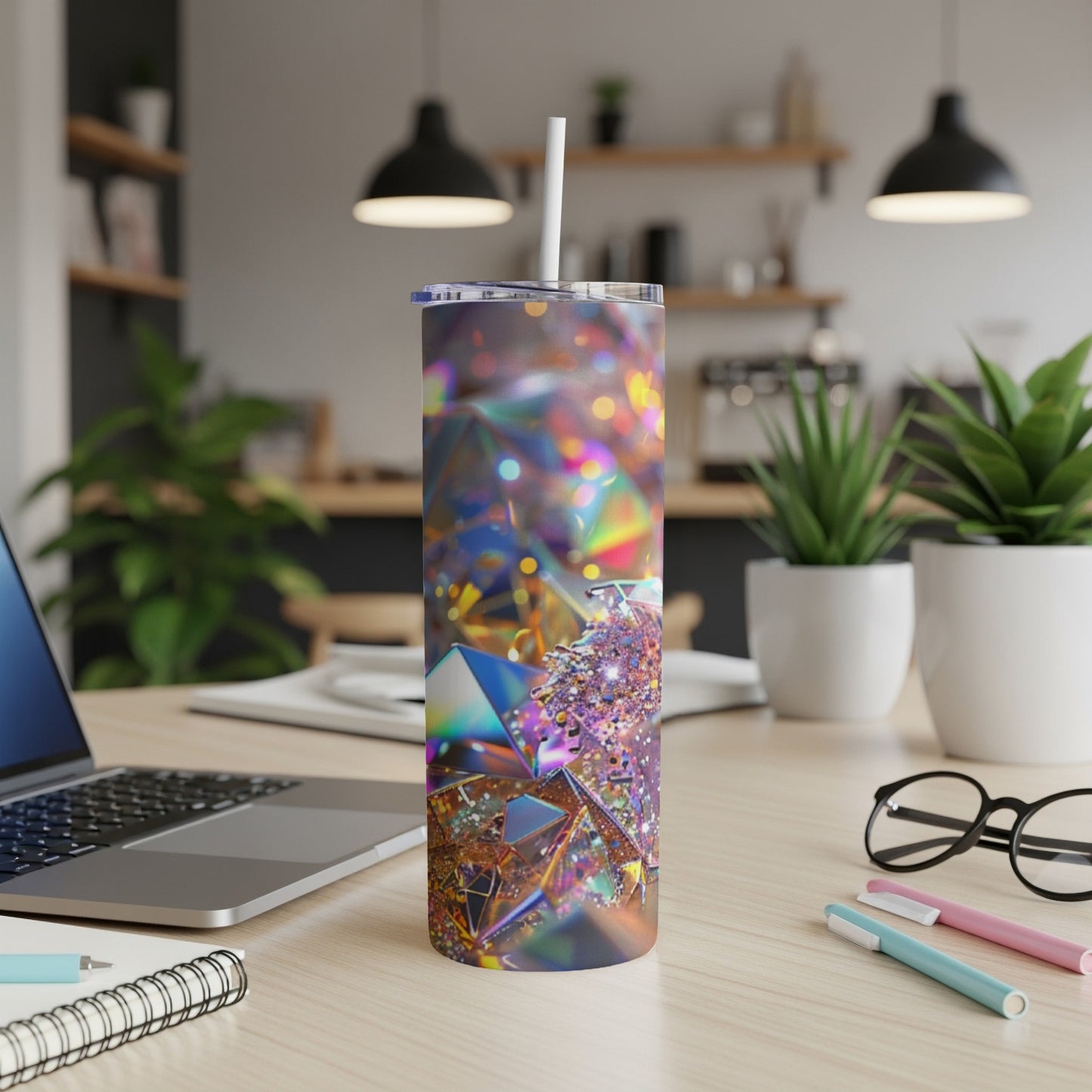Glittering geometric tumbler with straw on a desk beside a laptop.