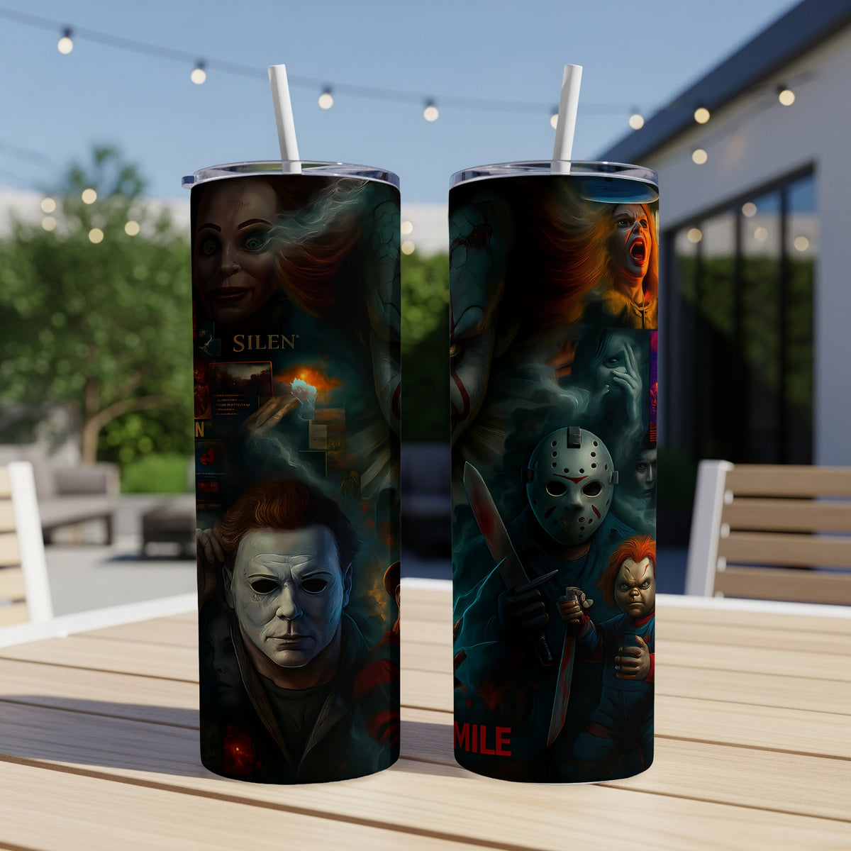 Horror movie characters on two tumblers with straws, placed on a wooden table.