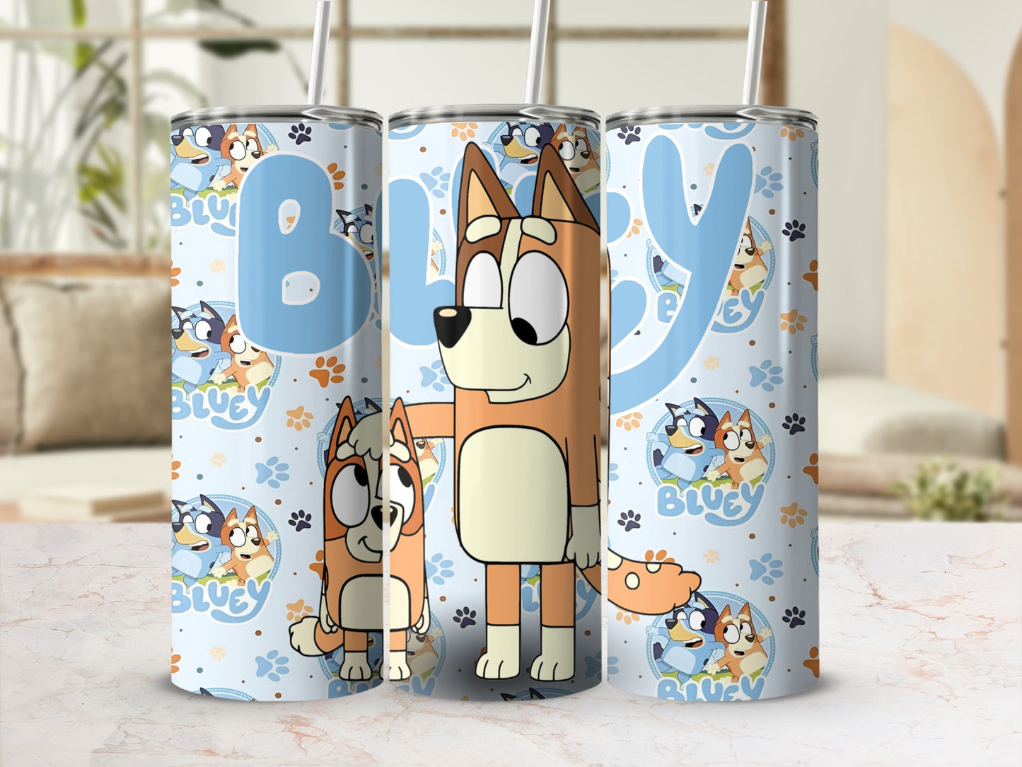 Bluey characters on a blue tumbler with white and orange accents.