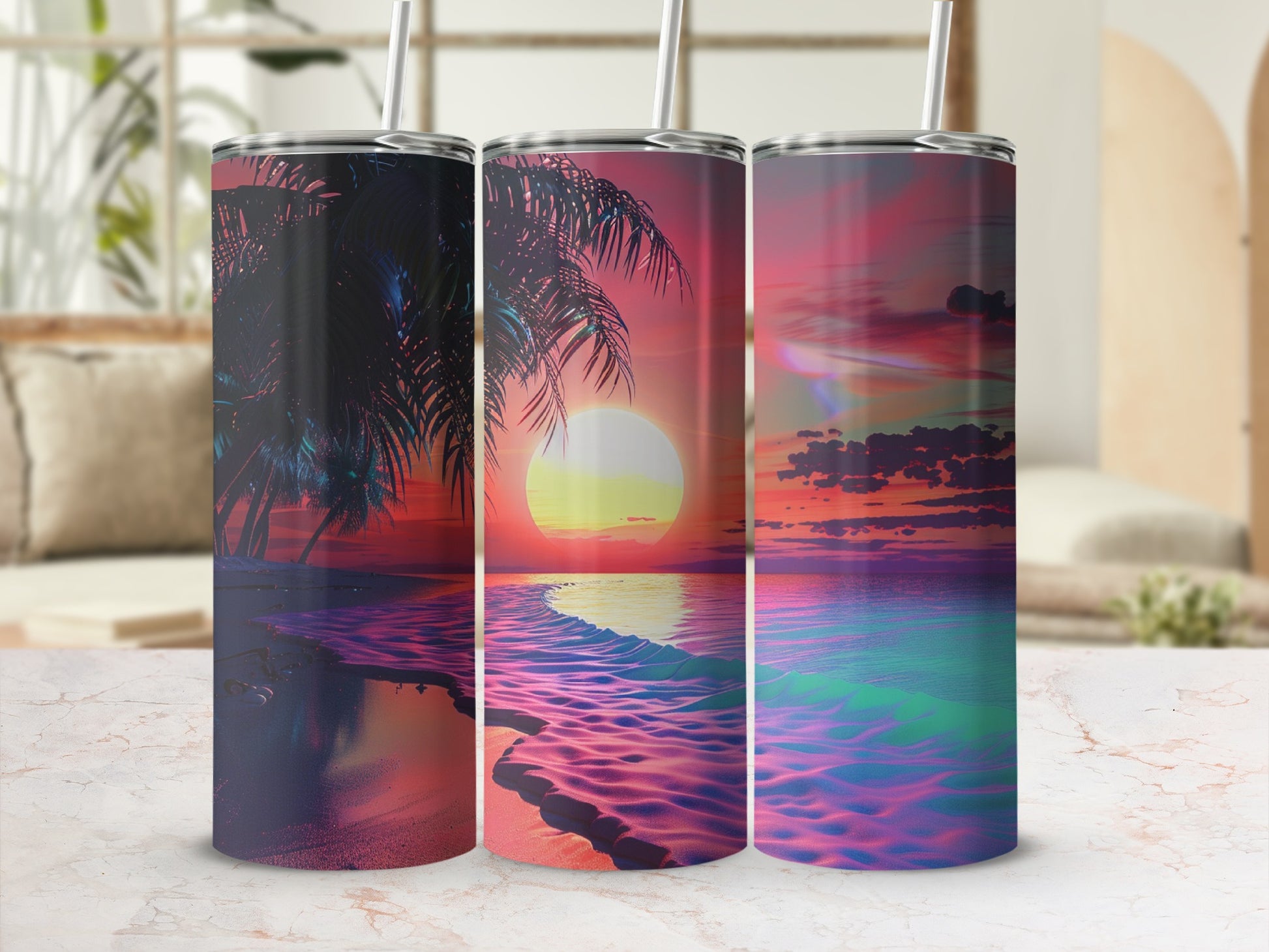 Three tumblers with a tropical sunset beach scene and palm trees.